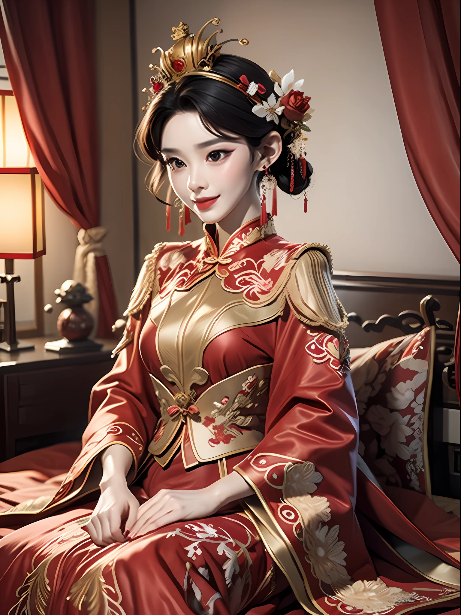 Best quality: 1.1), (Realistic: 1.1), (Photography: 1.1), (highly details: 1.1), A man wears a red and gold dress，Woman with a crown on her head, A hair stick, (sitting on red bed), Blushing, Shy, black_Hair, crown, Looking down, (2 red candles), Chinese_clothes, Curtains, Earrings, Hair_decorations, Hanfu, interiors, jewelry, Long_Sleeves, Red dress, Redlip, nipple tassels, (Red quilt), (red palace: 1.2), (3DMM),mix4,