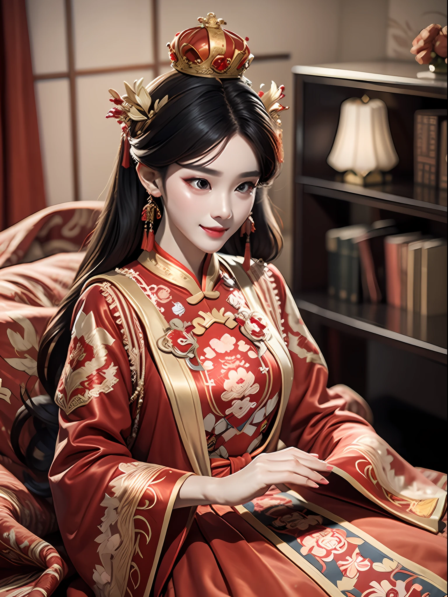 Best quality: 1.1), (Realistic: 1.1), (Photography: 1.1), (highly details: 1.1), A man wears a red and gold dress，Woman with a crown on her head, A hair stick, (sitting on red bed), Blushing, Shy, black_Hair, crown, Looking down, (2 red candles), Chinese_clothes, Curtains, Earrings, Hair_decorations, Hanfu, interiors, jewelry, Long_Sleeves, Red dress, Redlip, nipple tassels, (Red quilt), (red palace: 1.2), (3DMM),mix4,