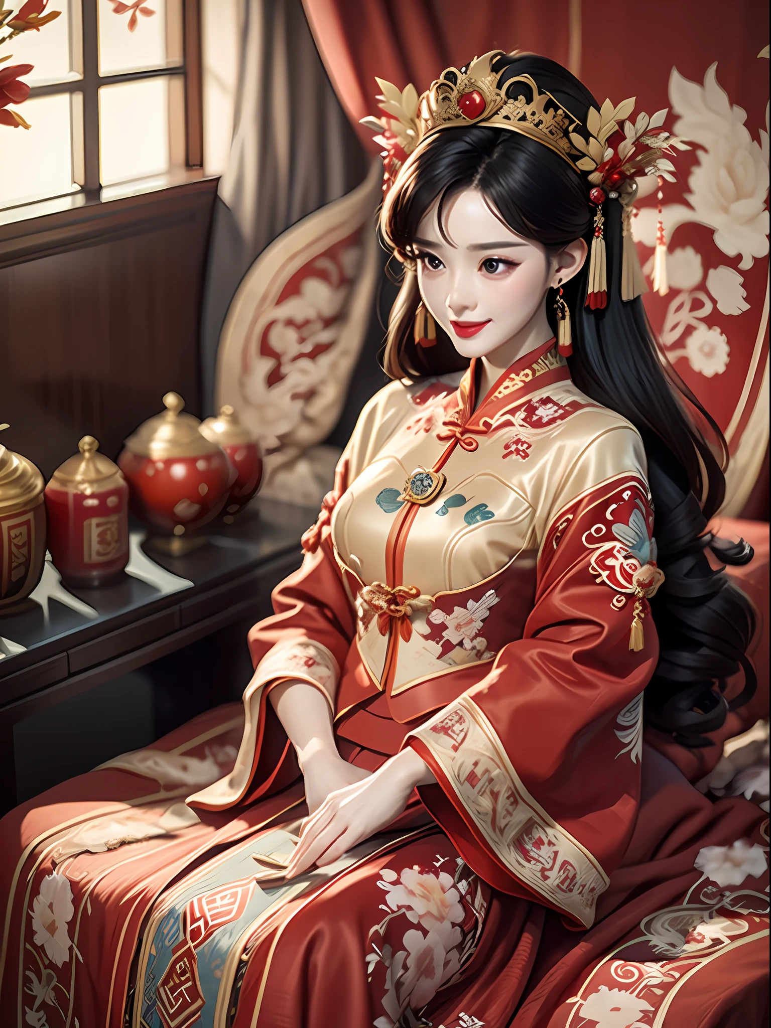 Best quality: 1.1), (Realistic: 1.1), (Photography: 1.1), (highly details: 1.1), A man wears a red and gold dress，Woman with a crown on her head, A hair stick, (sitting on red bed), Blushing, Shy, black_Hair, crown, Looking down, (2 red candles), Chinese_clothes, Curtains, Earrings, Hair_decorations, Hanfu, interiors, jewelry, Long_Sleeves, Red dress, Redlip, nipple tassels, (Red quilt), (red palace: 1.2), (3DMM),mix4,