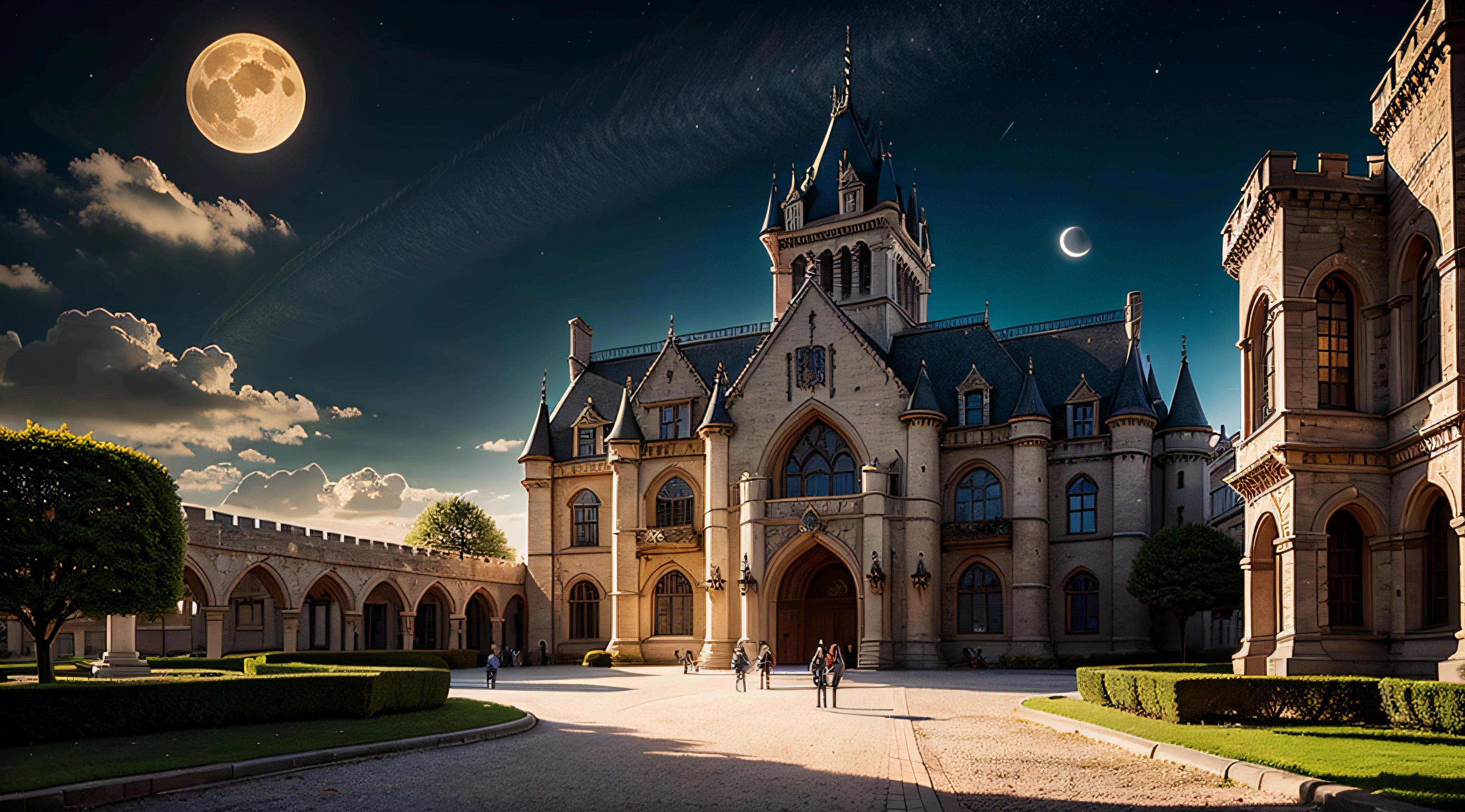 Castle. Medieval fantasy. Epic Reality, (HDR: 1.4), Dappled Sun, Cool Colors, Fantastic Incredible, Epic Composition, (Intricate Details), (Intricate Details, Hyper Details: 1.2), Dynamic ilumination, Volumetric clouds, dynamic shadows, Art Station, (Masterpiece, Best Quality), Night, moon