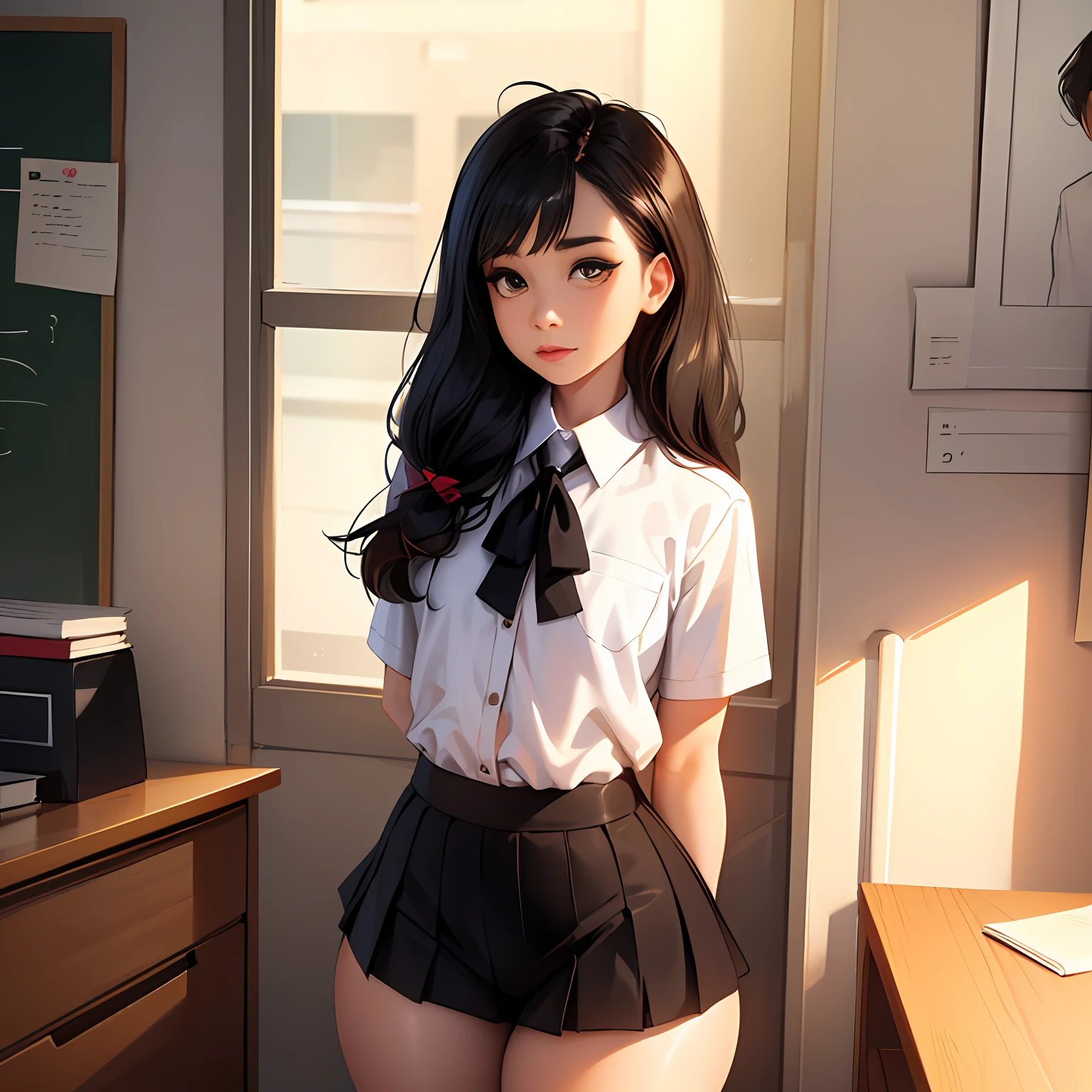 masterpiece, best_quality, 1girl, solo, shirt_tucked_in, skirt, black_hair, brown_eyes, school, curvy, long_eyelashes, low_tied_hair, pale_skin, small chest, flat chest, tiny chest, thick, thick thighs, slim waist, tiny waist, teacher, massive thighs, big thighs, giant thighs, wide hips, hip dips