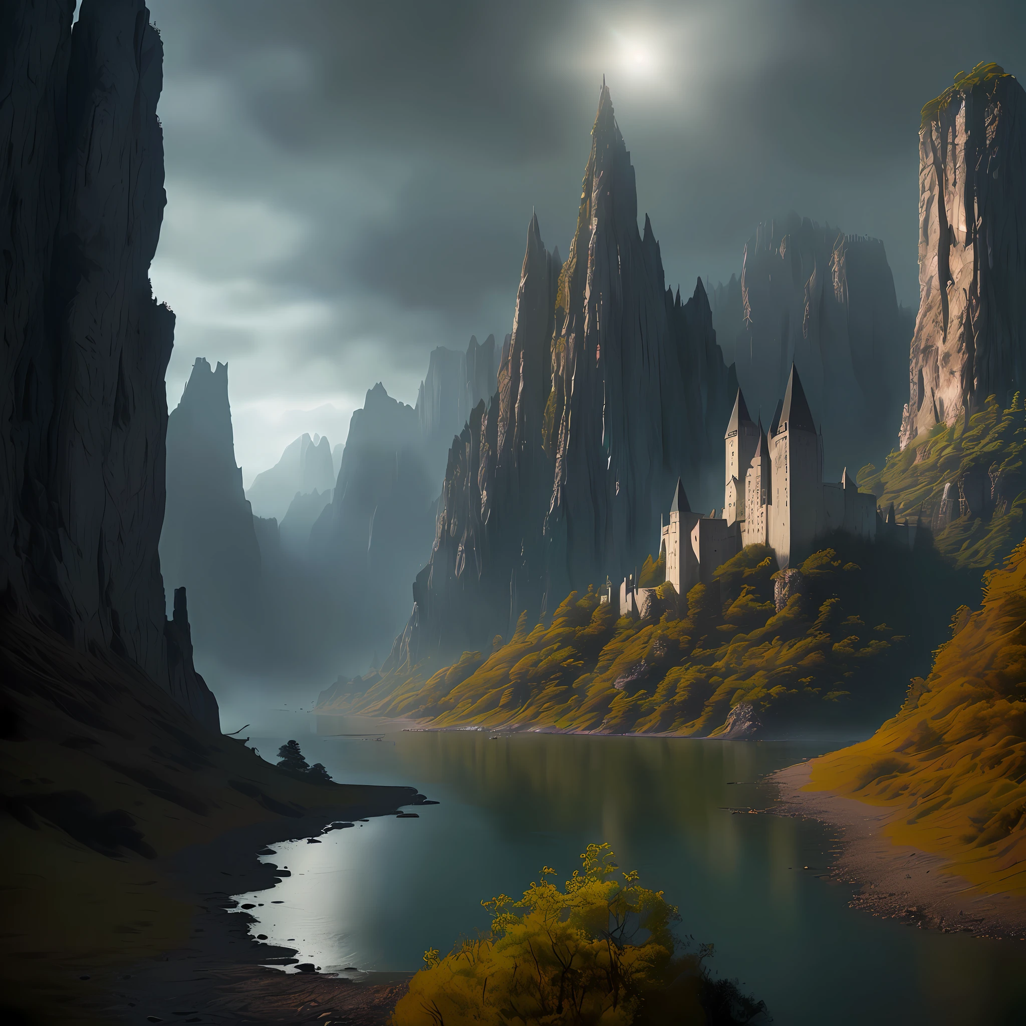 ((best quality)), ((masterpiece)), ((inked)), majestic intricately detailed soft oil painting by jim lee, Majestic vast and beautiful alien fantasy landscape, castles, ruins fortresses, rivers mountains, plains, rainbow color palette, waterfalls forests, depth of field, film grain, smooth, roughness, real life,backlit, hard edge lighting, dramatic cinematic lighting, soft edge lighting, (bloom:1.2), (warm vibrant colors:1.3), photographed on a Canon EOS R5, 50mm lens, F/2.8, HDR, professional, dramatic cinematic lighting, cinematic Film still from the lord of the rings|krull|cannibal holocaust, (dark fantasy style:1.5)