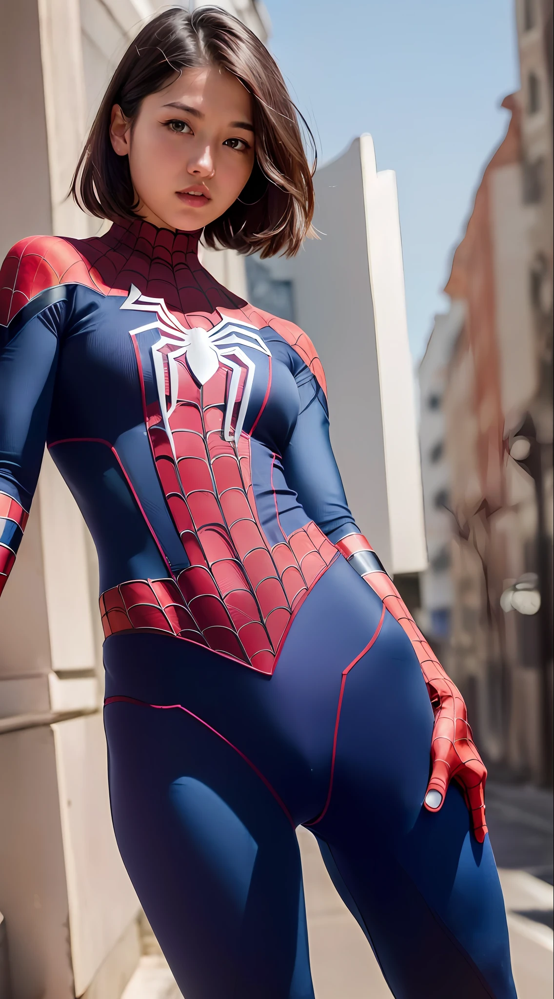 (Spider-Man's costume:1.3),(Dynamic pose)
(((Below the waist shot,haunting smile,moist lips,short hair))),
((irises and pupils are rounded,the pupil reflects the surroundings,eyes are not the same size)),
((Big eyes,perfect eyes,watery eyes)),
((thick bangs)),((Thin legs)),(high detailed skin,visible pores),
((medium breasts)),((city street,)),((a 22 age girl))
(ultra high res,photorealistic,realistic,best quality,photo-realistic),
(8k, raw photo, best quality, masterpiece),
(photon mapping, radiosity, physically-based rendering,automatic white balance),
technological sense, best quality, masterpiece, illustration,CG ,unity ,wallpaper, official art,
Amazing, finely detail, an extremely delicate and beautiful,extremely detailed,
highly detailed, sharp focus,rich background,blurry background,strong sunlight,
(real person,photograph),