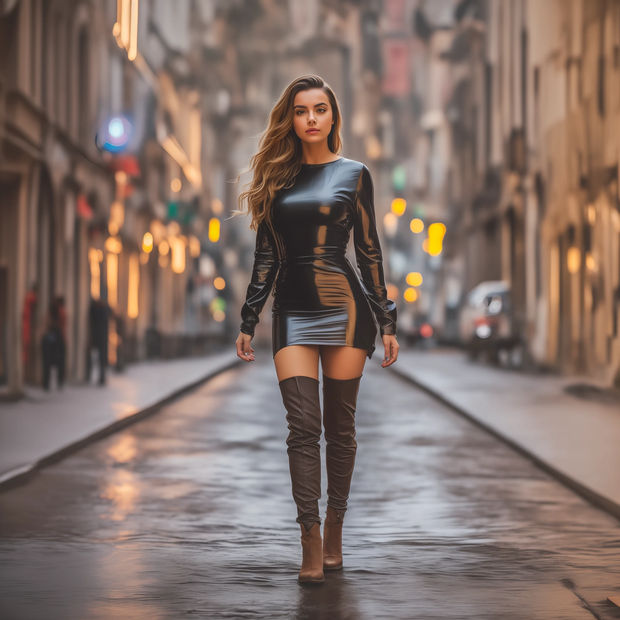 Full body portrait photo of a 25-year-old European girl walking on the street, CRUDA, mujer hermosa, mujer linda, cuerpo delgado, labios de fresa entreabiertos, mirada anhelante, sin pecas, pliegue de axila, brecha estrecha, buenos abdominales, toned muscles, piernas bonitas, mujer de muslos largos, piernas bonitas, senos medianos perfectos, (Extra long wavy brown hair), ((cara detallada)), ((rasgos faciales detallados)), (piel finamente detallada), piel bronceada, (cyberpunk futurista sexy vestido femenino de dos piezas con escote profundo), ambiente de megaciudad cyberpunk, (cold colors), wet reflections, Wet, (obra maestra) (perfect ratio) (foto realista) (mejor calidad) (detallada) fotografiada con una Canon EOS R5, 50 mm lente, F/2.8, HDR, (8k) (fondo de pantalla)
(cinematography lighting) (dramatic illumination) (foco nítido)
(intrincado)
