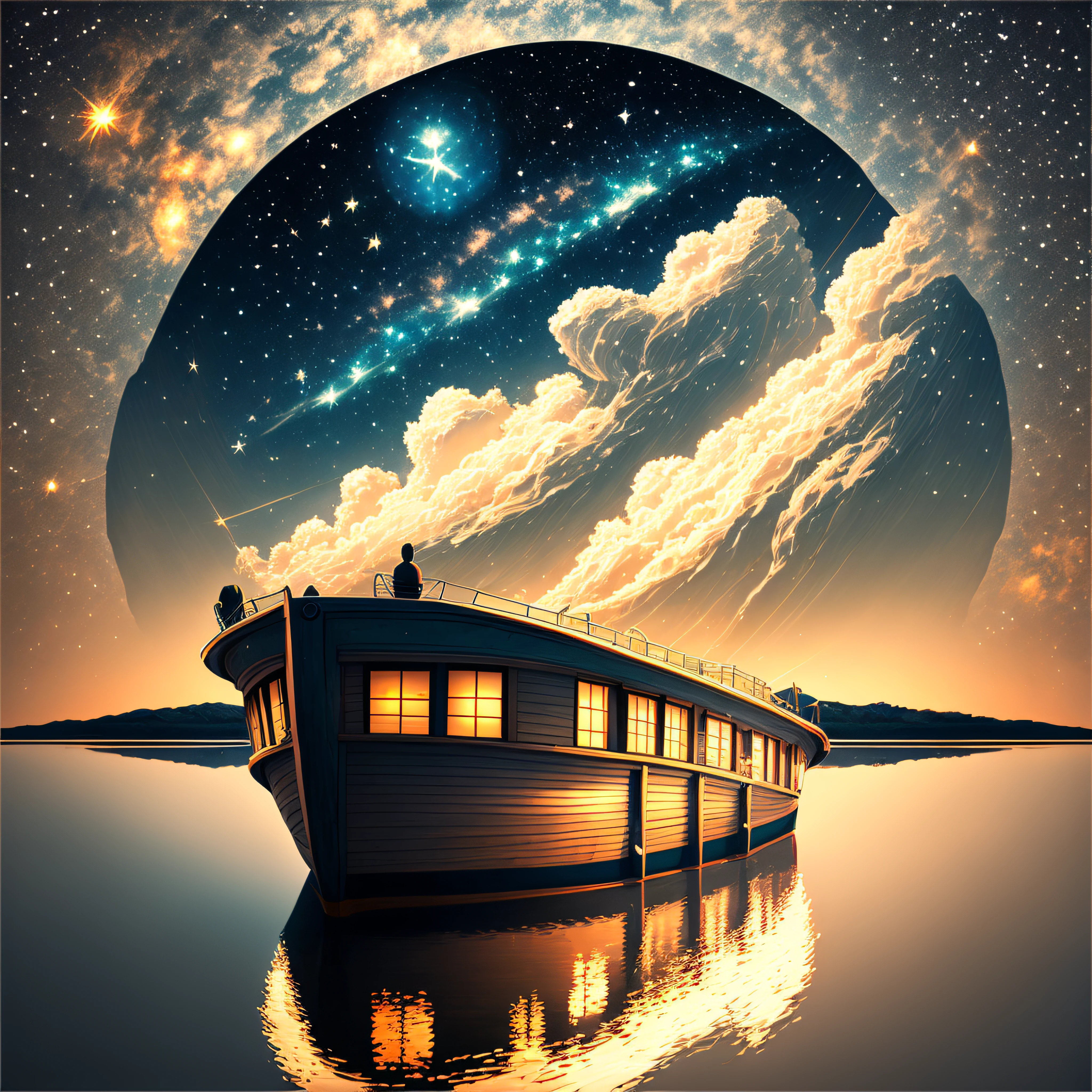 The vast starry sky, Vast sea, On a small boat, the beautiful skyline, meteors, A young man stretches out his arms on the boat, Back Shadow, ray tracing, reflection light, cinematic lighting, Romanticism, anime style, UHD, masterpiece, ccurate, textured skin, super detail, super detail, award winning, best quality, 16k --auto