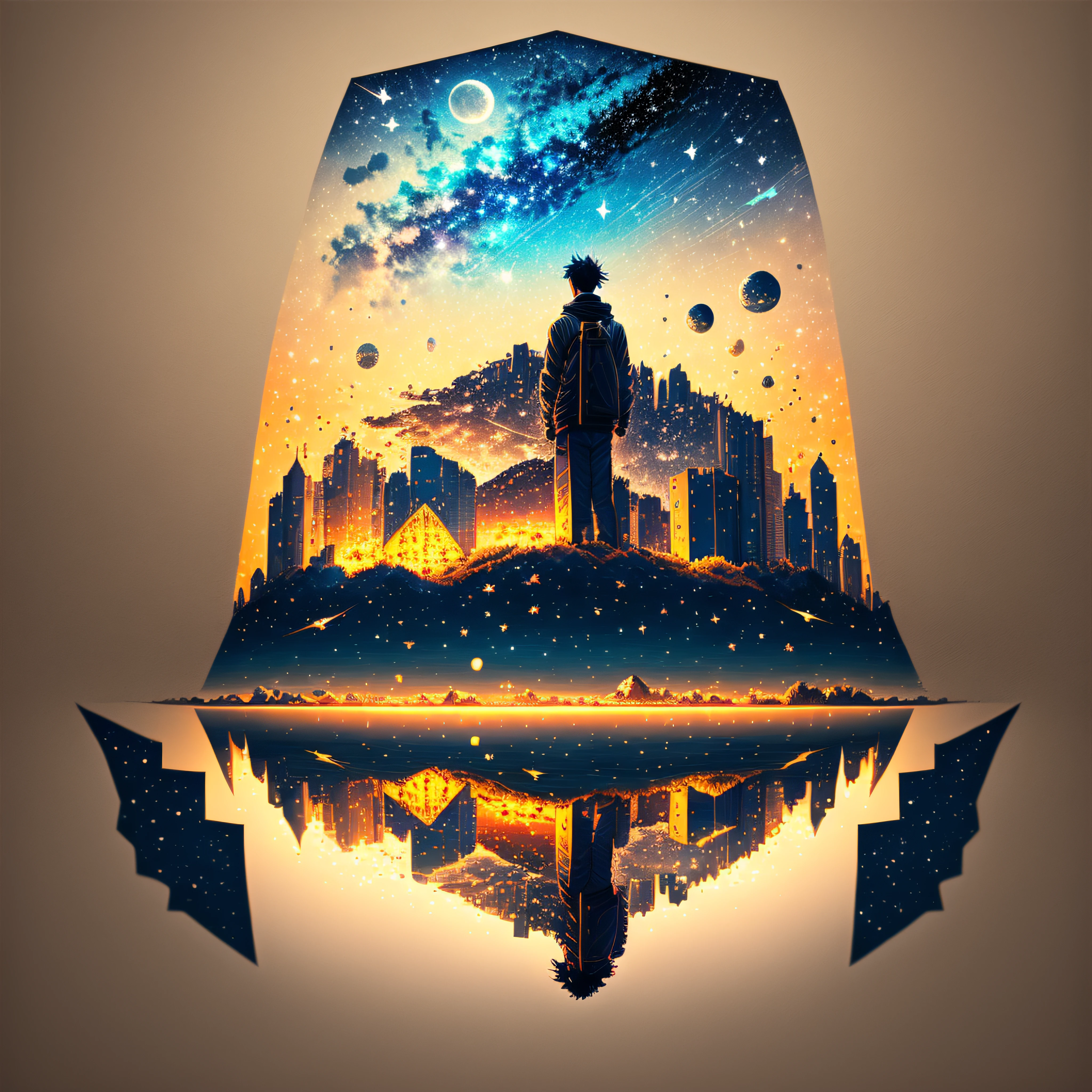 The vast starry sky, Vast sea, On a small boat, the beautiful skyline, meteors, A young man stretches out his arms on the boat, Back Shadow, ray tracing, reflection light, cinematic lighting, Romanticism, anime style, UHD, masterpiece, ccurate, textured skin, super detail, super detail, award winning, best quality, 16k --auto