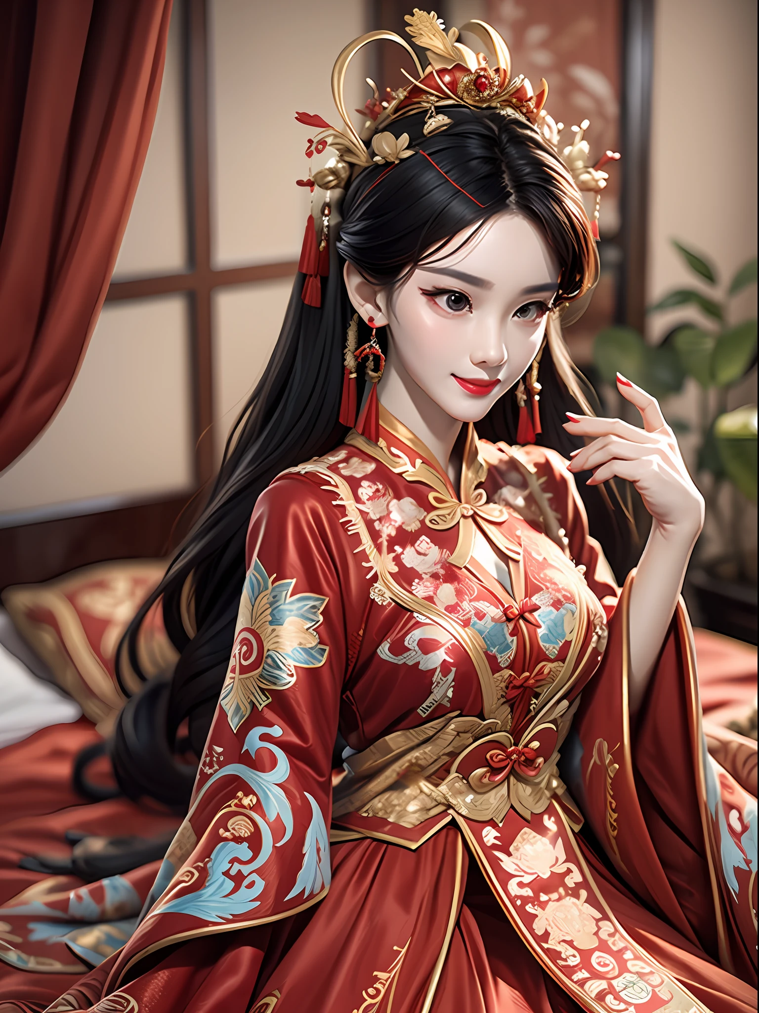 Best quality: 1.1), (Realistic: 1.1), (Photography: 1.1), (highly details: 1.1), A man wears a red and gold dress，Woman with a crown on her head, A hair stick, (sitting on red bed), Blushing, Shy, black_Hair, crown, Looking down, (2 red candles), Chinese_clothes, Curtains, Earrings, Hair_decorations, Hanfu, interiors, jewelry, Long_Sleeves, Red dress, Redlip, nipple tassels, (Red quilt), (red palace: 1.2), (3DMM),mix4,