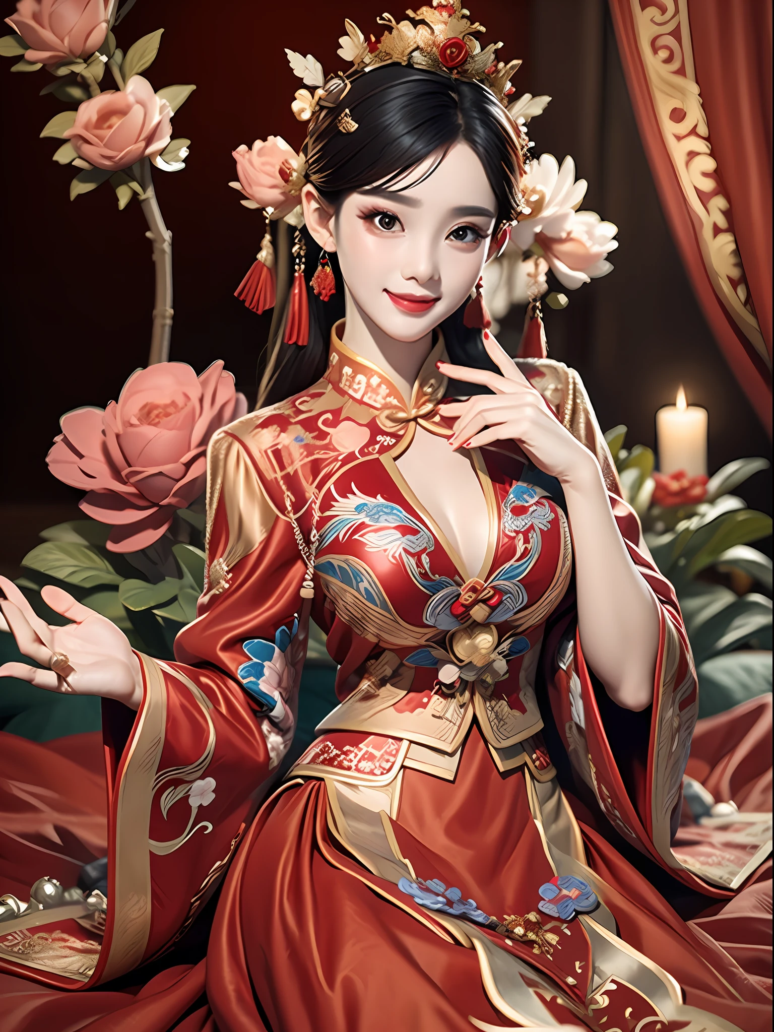Best quality: 1.1), (Realistic: 1.1), (Photography: 1.1), (highly details: 1.1), A man wears a red and gold dress,Woman with a crown on her head, A hair stick, (sitting on red bed), Blushing, Shy, black_Hair, crown, Looking down, (2 red candles), Chinese_clothes, Curtains, Earrings, Hair_decorations, Hanfu, interiors, jewelry, Long_Sleeves, Red dress, Redlip, nipple tassels, (Red quilt), (red palace: 1.2), (3DMM),mix4,
