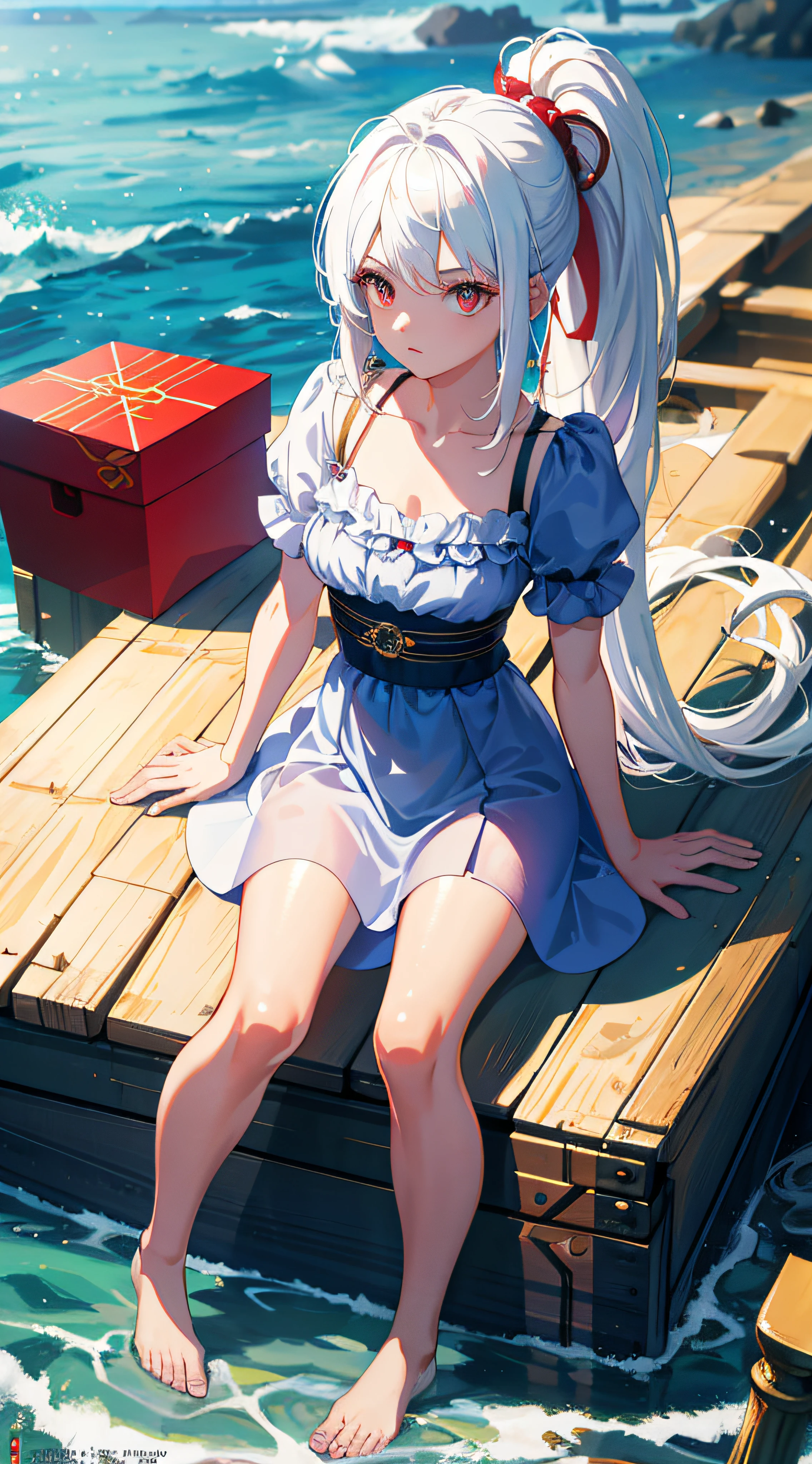 ((masterpiece))),(((best quality))),(((extremely detailed))),illustration, 1girl,solo,mysterious,vivid color,shiny, (white hair),(red eyes), full body,barefoot,ponytail hair, beach, badass, serious face, casual outfit, (((Box composition))), detailed eyes, hyper detailed, highly detailed, beautiful, small details, ultra detailed, best quality, intricate, 4k, 8k, good anatomy, best anatomy, beautiful lighting, fisheye perspective, hiding hands