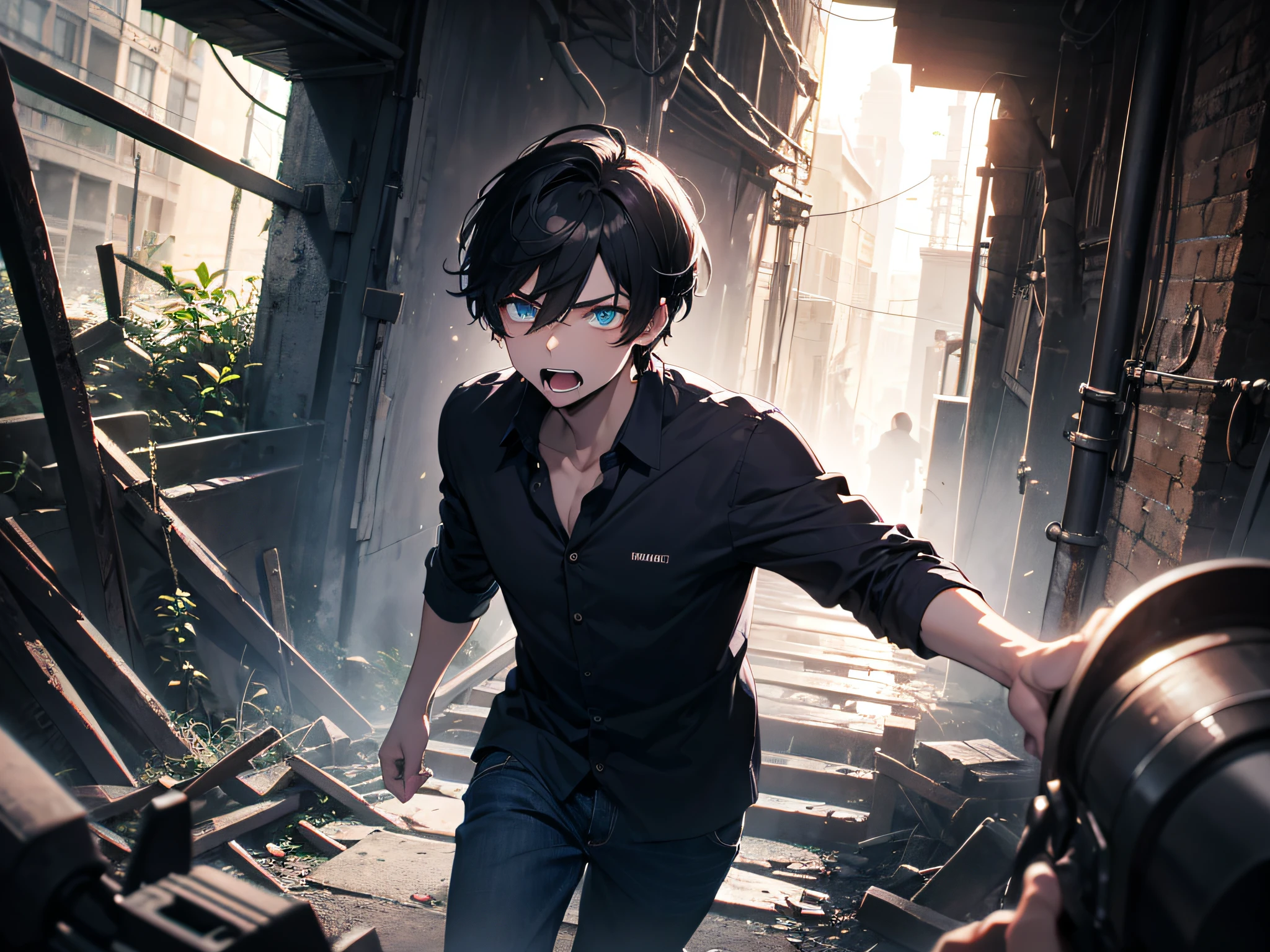 Cartoony，（The boy），Male focus，Dark hair，Blue eyes，Hair is sandwiched between the eyes，looking at viewert，bachelorhood，longer sleeves，short detailed hair，Black shirt，Blackn clothes，（Thought 1.5）（Stand in a dilapidated tunnel1.5）solo person，with her mouth open，The shirt，brunette color hair，white  shirt，malefocus，teeth，Multiple boys，glowing light eyes，Run，with light glowing，Scream，collared shir，Shouted，Run away，short detailed hair，exteriors，perspired，looking at viewert，Ogre，buliding，rolled up sleeves，opens his eyes wide，Black shirt