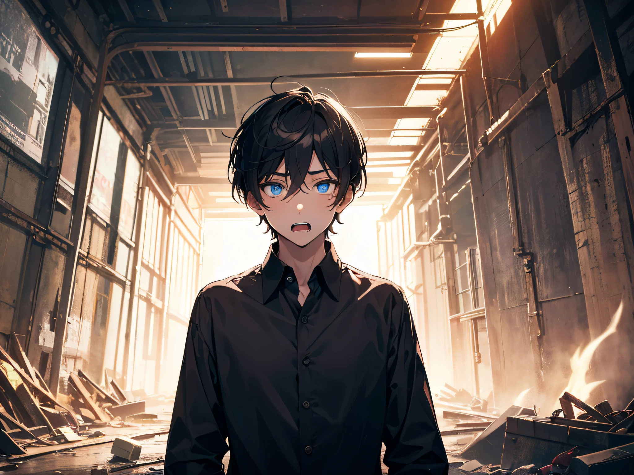 Cartoony,(The boy),Male focus,Dark hair,Blue eyes,Hair is sandwiched between the eyes,looking at viewert,bachelorhood,longer sleeves,short detailed hair,Black shirt,Blackn clothes,(Thought 1.5)(Stand in a dilapidated tunnel1.5)solo person,with her mouth open,The shirt,brunette color hair,white shirt,malefocus,teeth,Multiple boys,glowing light eyes,Run,with light glowing,Scream,collared shir,Shouted,Run away,short detailed hair,exteriors,perspired,looking at viewert,Ogre,buliding,rolled up sleeves,opens his eyes wide,Black shirt