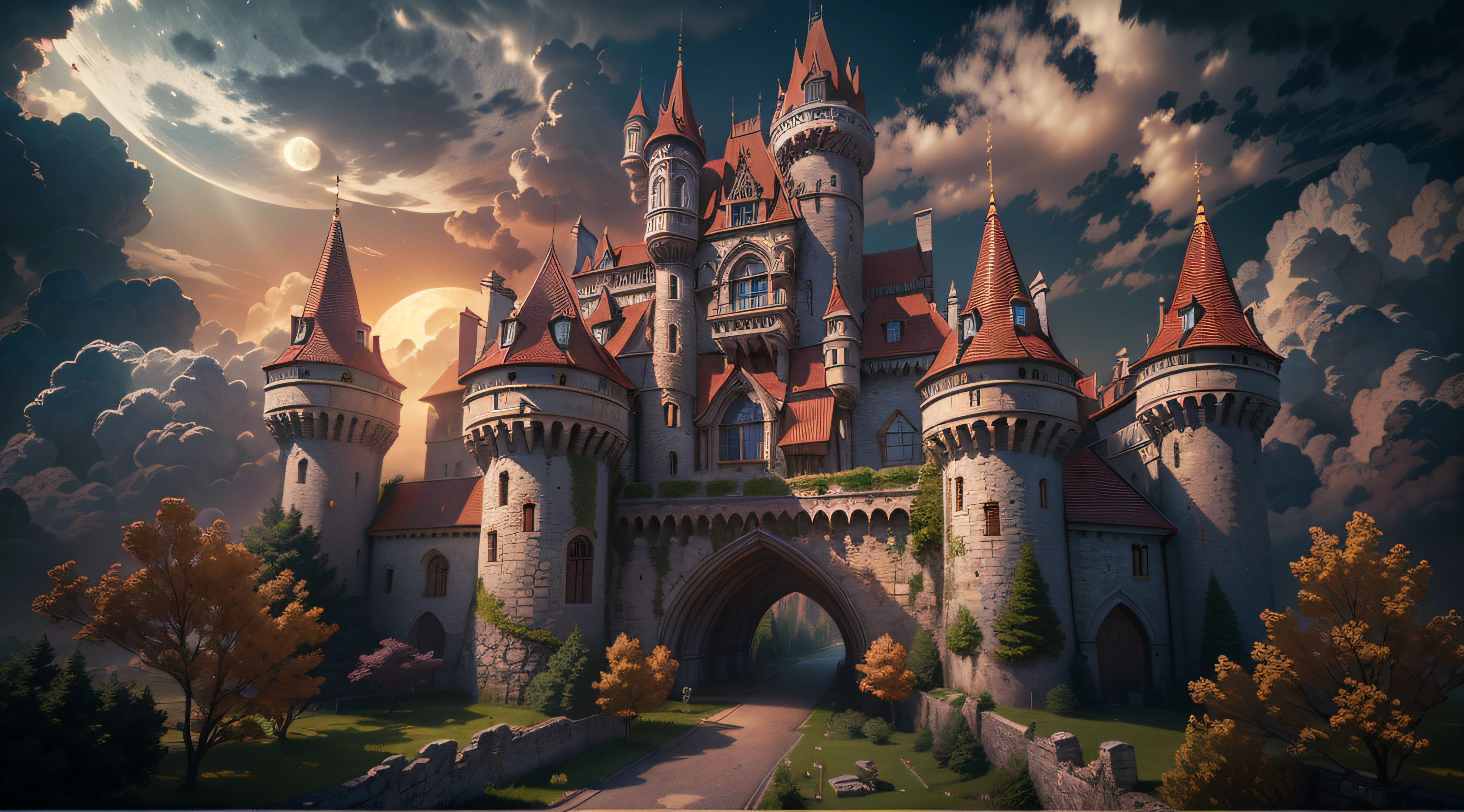 Castle. Medieval fantasy. Epic Reality, (HDR: 1.4), Dappled Sun, Cool Colors, Fantastic Incredible, Epic Composition, (Intricate Details), (Intricate Details, Hyper Details: 1.2), Dynamic ilumination, Volumetric clouds, dynamic shadows, Art Station, (Masterpiece, Best Quality), Night, moon