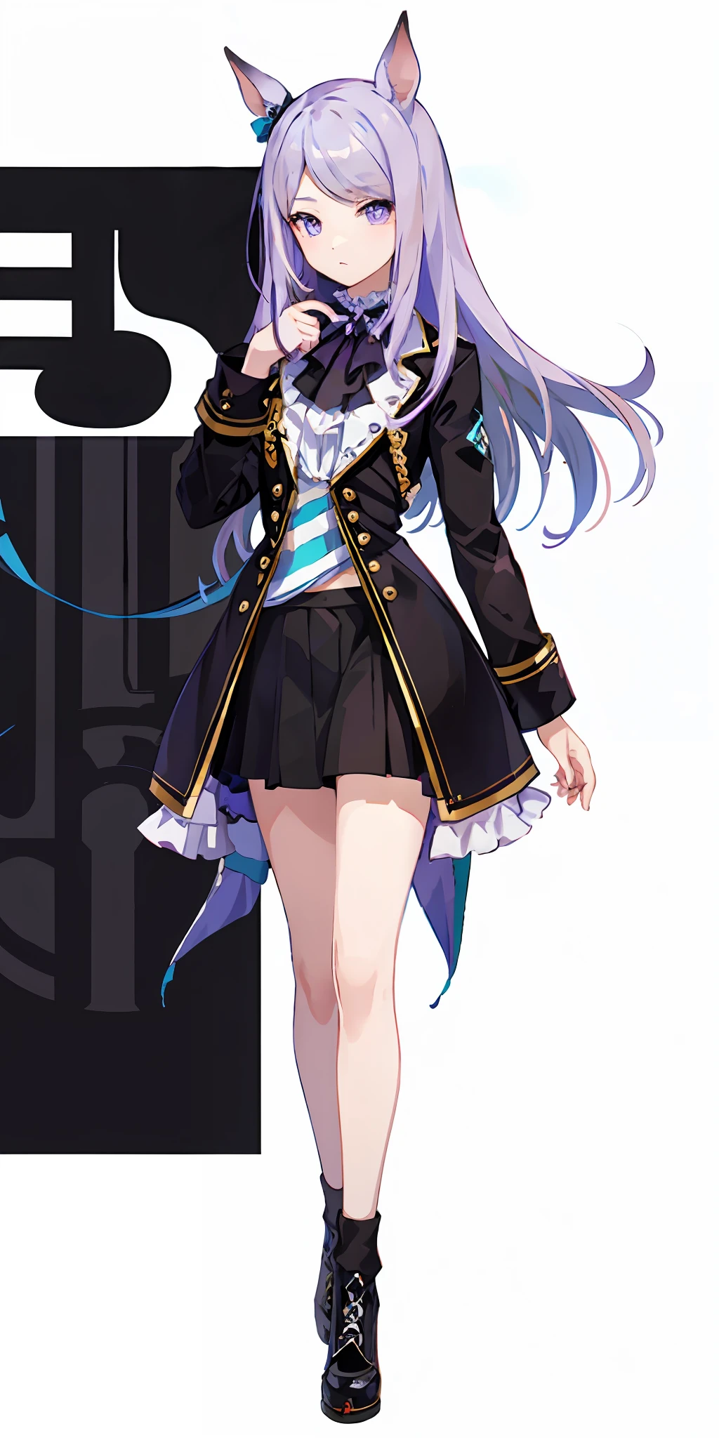 女の子1人、purple color  hair(Long)、a purple eye、Beautiful eyes、Marl、Black skirt、Black jacket、Racing Wear、