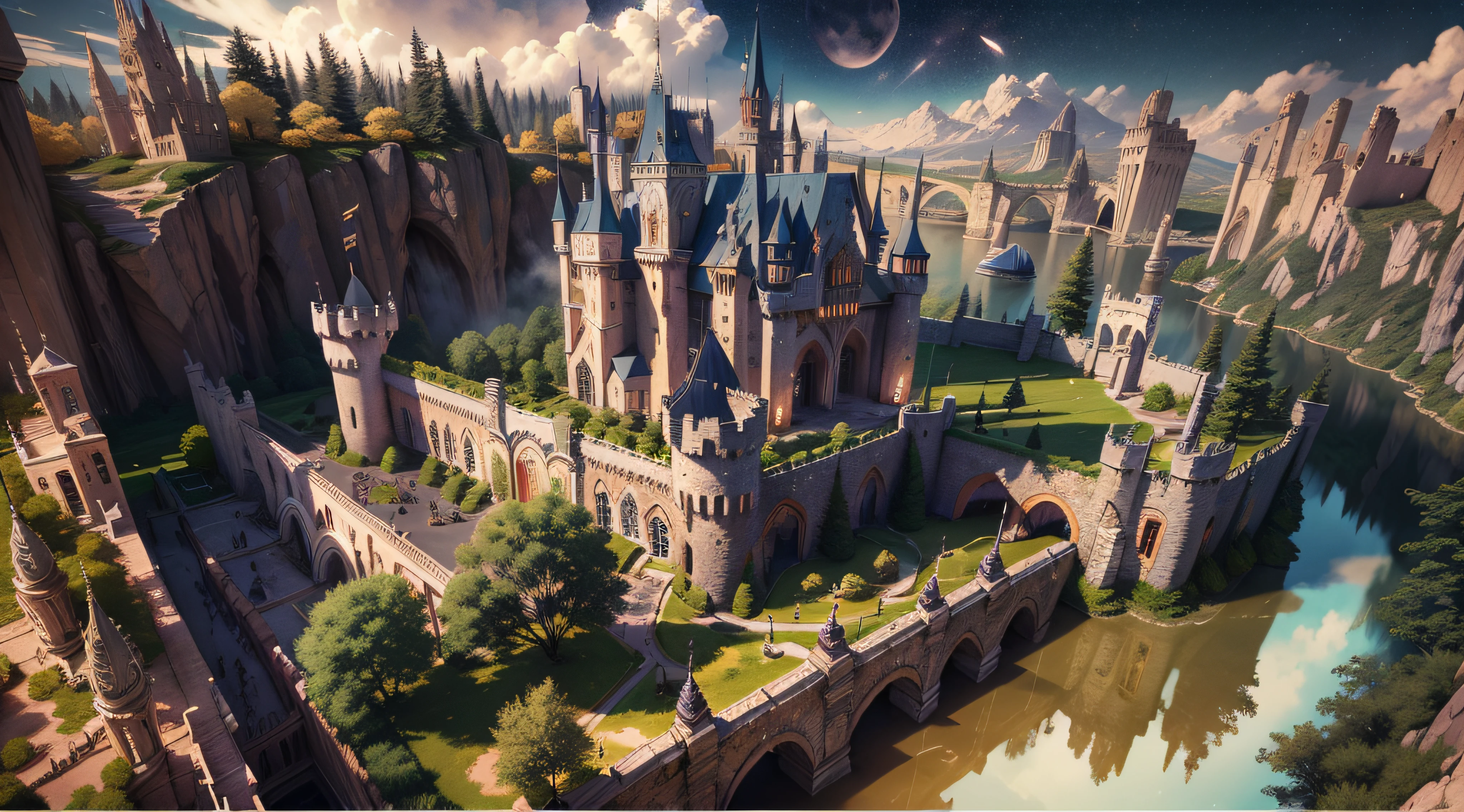 Castle. Medieval fantasy. Epic Reality, (HDR: 1.4), Dappled Sun, Cool Colors, Fantastic Incredible, Epic Composition, (Intricate Details), (Intricate Details, Hyper Details: 1.2), Dynamic ilumination, Volumetric clouds, dynamic shadows, Art Station, (Masterpiece, Best Quality), Night, moon