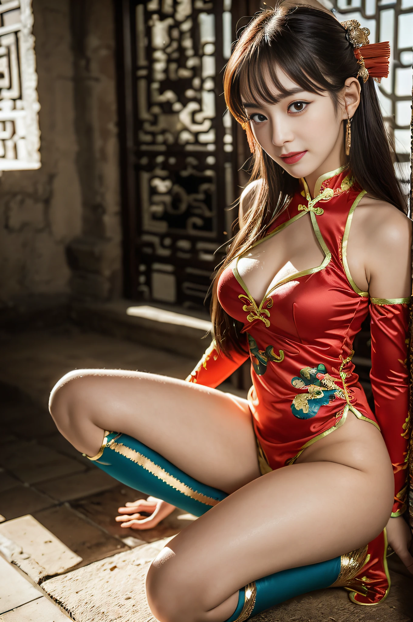 (((long Traditional Chinese costumes outfit comes off))),(((view full body))),(((glamorous body shape))),(((bare inner thigh)))、(((show side breast))),(((detached sleeves))),(((over-kneehighs))),ulzzang-6500-v1.1, (Raw photo:1.2), (Photorealsitic:1.4), a beautiful detailed girl, extremely detailed eye and face, beautiful detailed eyes, ultra-detailed, High resolution, top-quality, ​masterpiece, ighly detailed, 8k wallpaper, magnifica, finely detail, top-quality, Light on the face,电影灯光,1girl in,(Forbidden City during the Ming Dynasty),Beautiful eyes,a smile,Opening Mouth、Show panties、Bite into your panties