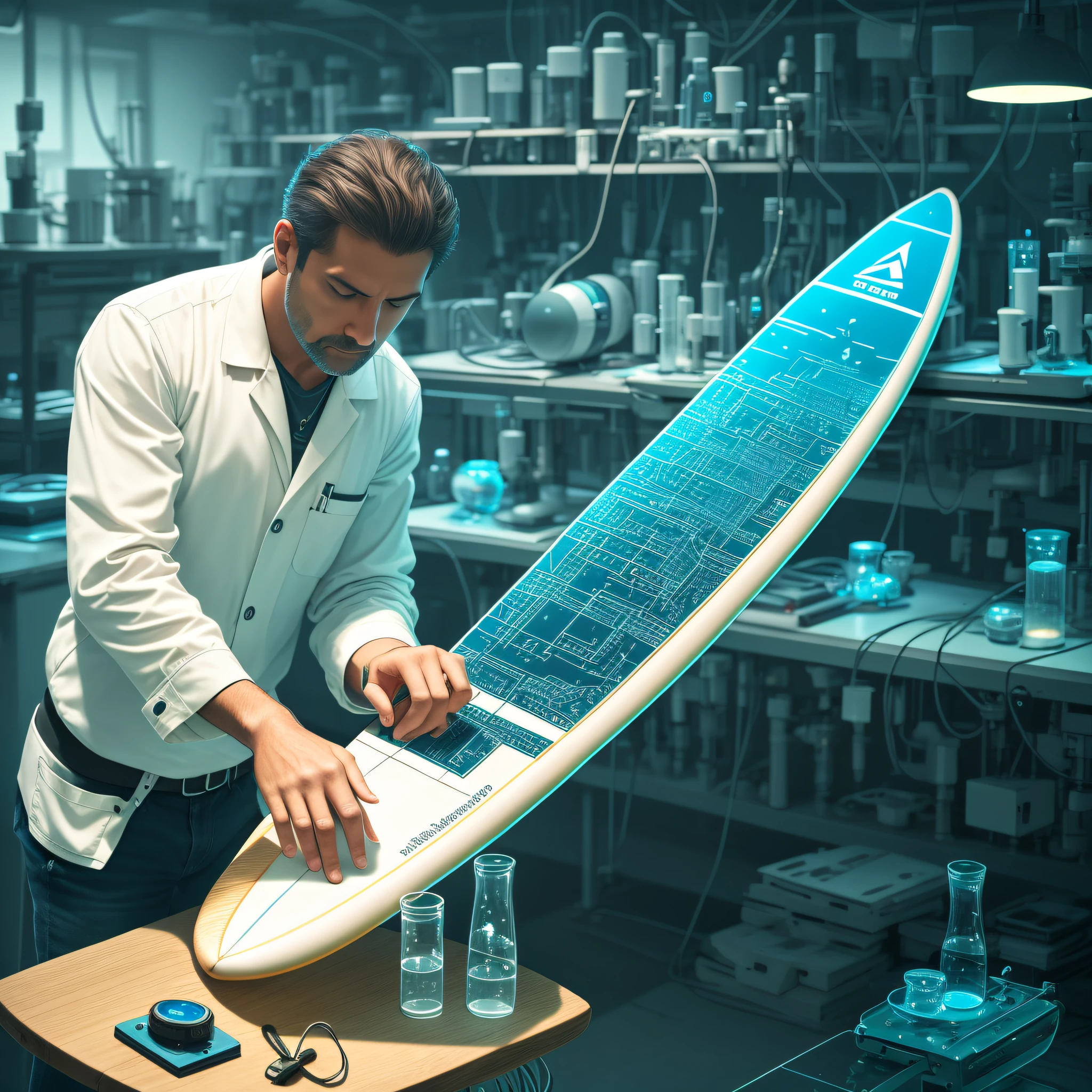 A surfboard being built by a scientist with high-tech instruments in a futuristic laboratory