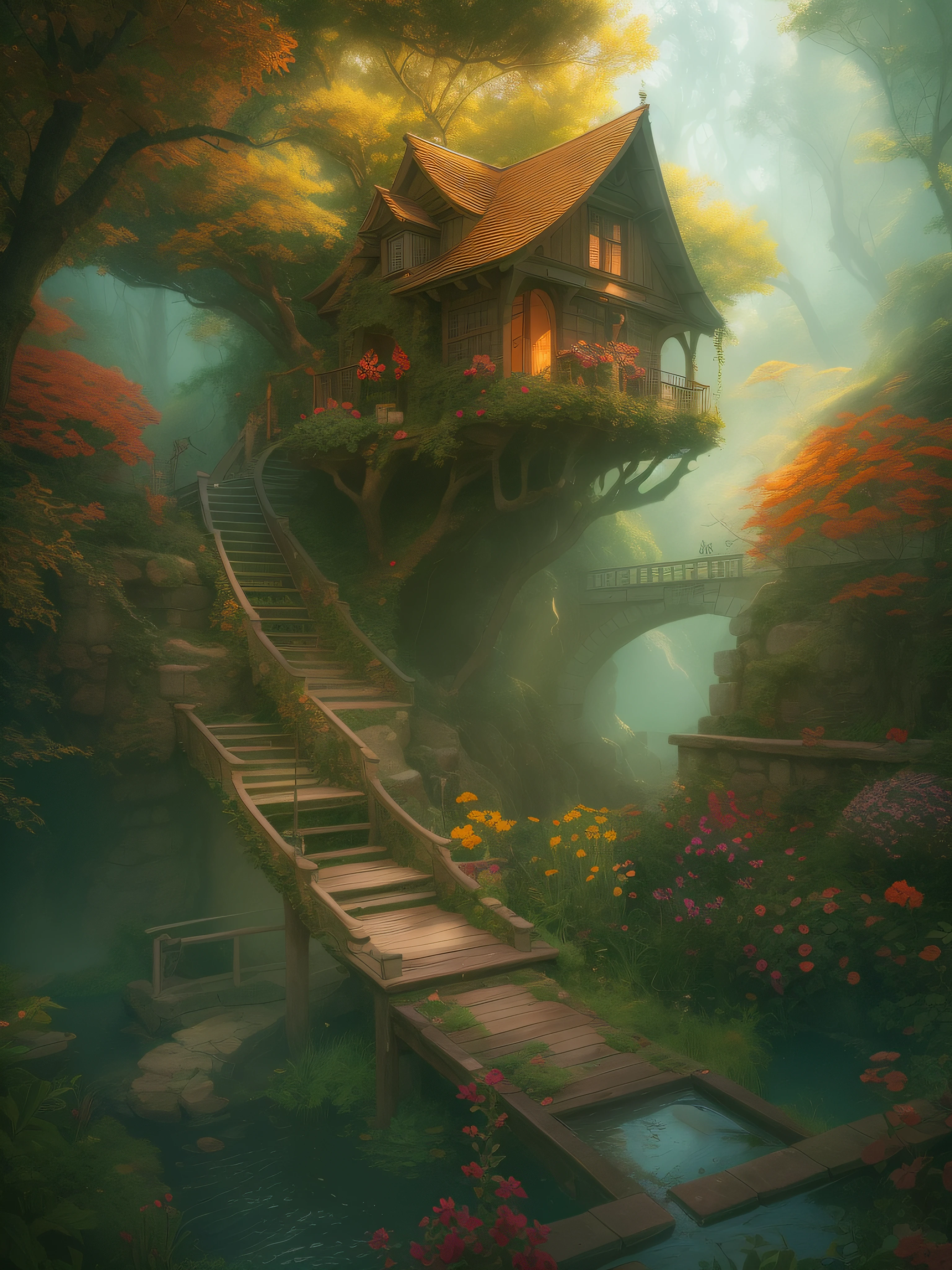a medieval A tree house located in the clouds on a surreal sunny day, beautiful, atmosphere, vibe, mist, smoke, chimney, rain, well, wet, pristine, puddles, waterfall, clear stream, bridge, orange, green, stained glass, forest, flowers, concept art illustration, color page, 4 k, tone mapping, doll, akihiko yoshida, james jean, andrei riabovitchev, marc simonetti, yoshitaka amano, digital illustration, greg rutowski, volumetric lighting, sunbeams, particles, rembrandt