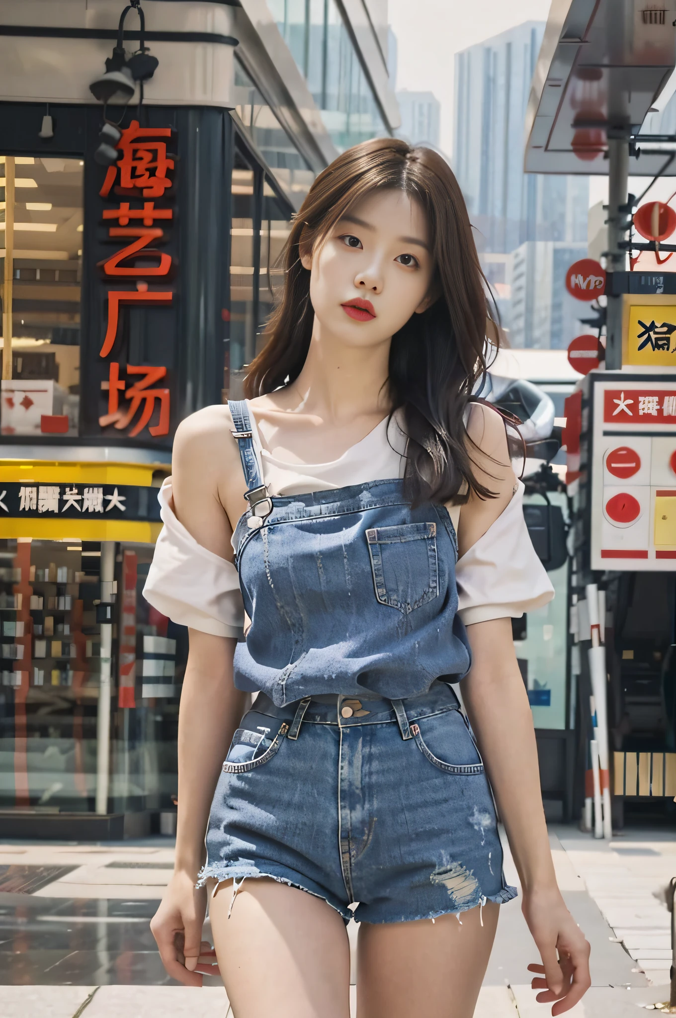 1 girl, Full body photo,,Jeans,Suspender T-shirt,Wearing sneakers, cropped shoulders,open waist,The facial features are delicate and three-dimensional, The expression is natural and real, cheerfulness,Detailed details,Real and natural,Walk next to the camera,Accidentally see your footage , wearing denim short shorts, photo of slim girl model, Straight dark brown hair ,floated hair,Large breasts, Walk in the square stylishly and naturally, The background is a spacious square in a fashion shopping mall,The ground is smooth,Advancedsense,High-rise building in background,Korean female model, Casual style, In fashion style, Trendy clothes, Solo, Detailed background, Square fashion clothing, Square fashion clothing, Sexy girl in shorts, Square fashion clothing,, very beautiful slim legs, Photorealistic, Street photography, Masterpiece, Realistic, Realistic, Photorealistic, High contrast, artstation 8k, High-definition realistic digital art trends, Detailed, Skin texture, Super detailed, Realistic skin texture, armature, Best quality, 超高分辨率, (Photorealistic :1.4), 超高分辨率, Detailed, primitive, Sharp Re, Port Kodak 400, Camera f1.6 shots, Rich colors, Ultra-realistic, Realistic textures, Dramatic lighting, illusory engine, Popular on the ArtStation Cinestill 800