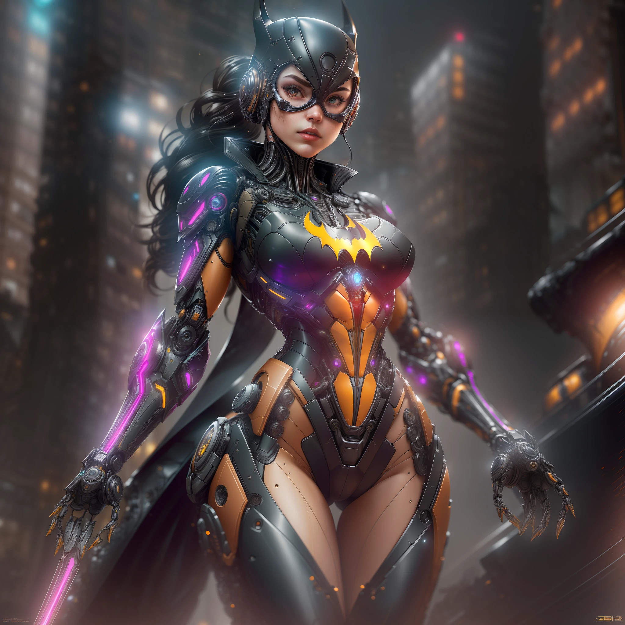 "Hyperrealistic rendering of Batgirl, showcasing her biomechanical suit with intricate robotic details. The composition should emphasize her full figure, with clean and precise lines. The overall visual style should incorporate a cyberpunk aesthetic, reminiscent of a masterpiece featured on Zbrush Central."