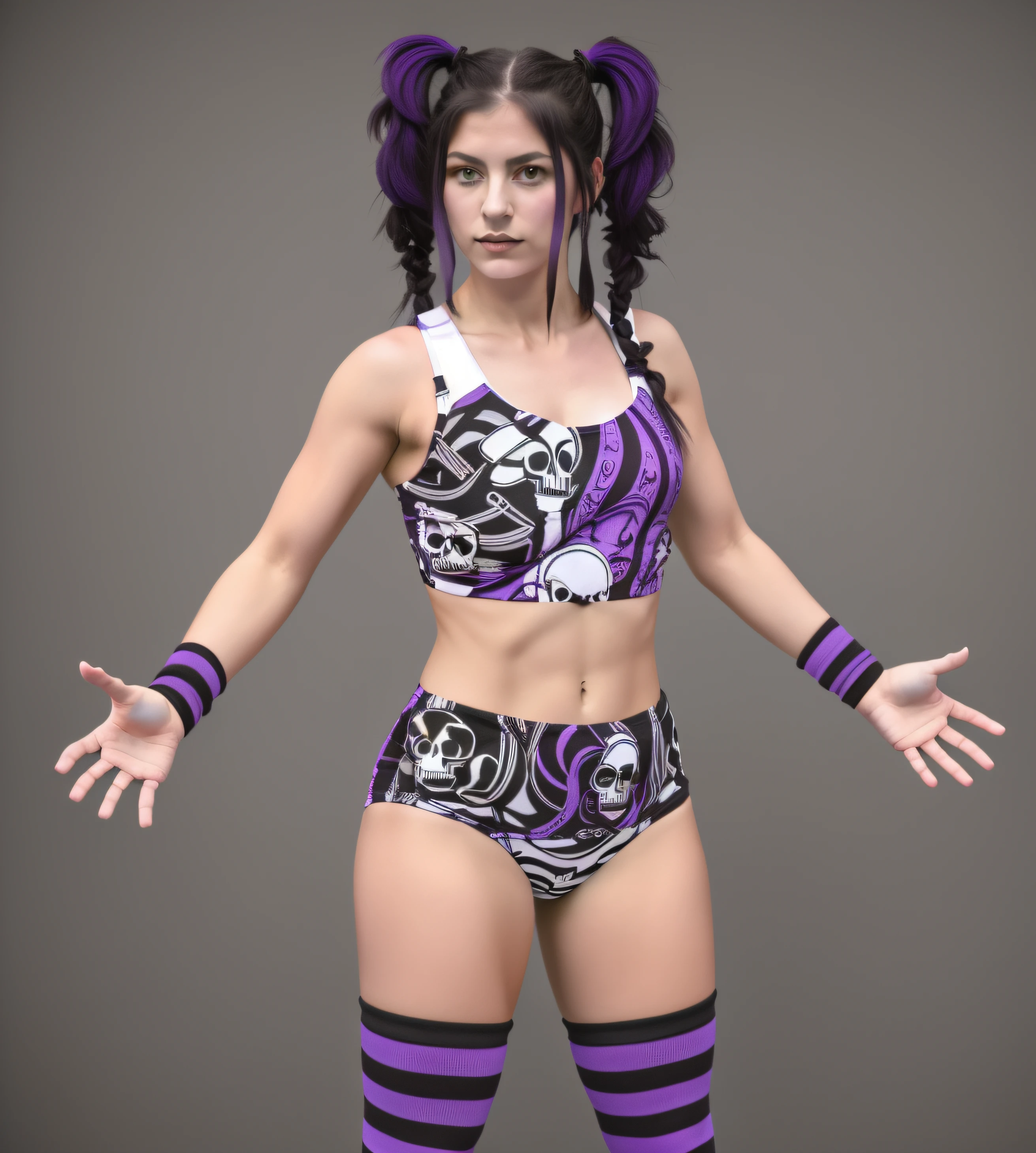 ((masterpiece, best quality)), Caucasian female wrestler with dark purple pigtails, in purple black and white skull patterned bra top, purple black and white skull patterned trunks, purple and black striped wristbands, purple and black long socks, photo realistic, intricate details
