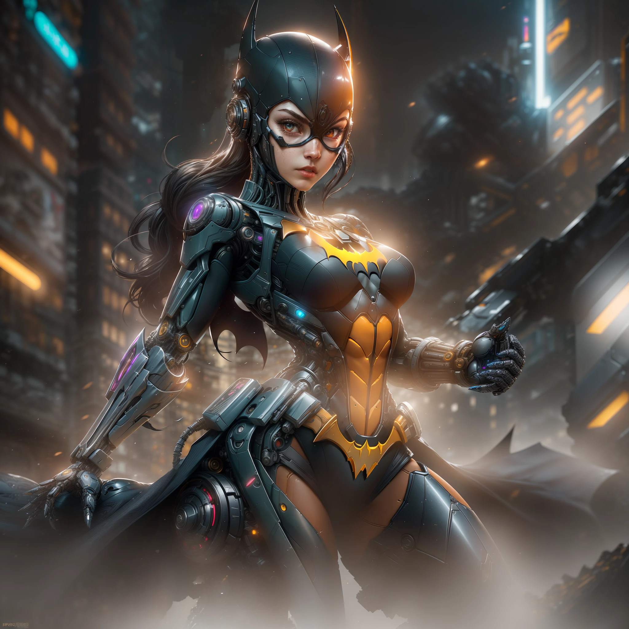 "Hyperrealistic rendering of Batgirl, showcasing her biomechanical suit with intricate robotic details. The composition should emphasize her full figure, with clean and precise lines. The overall visual style should incorporate a cyberpunk aesthetic, reminiscent of a masterpiece featured on Zbrush Central."