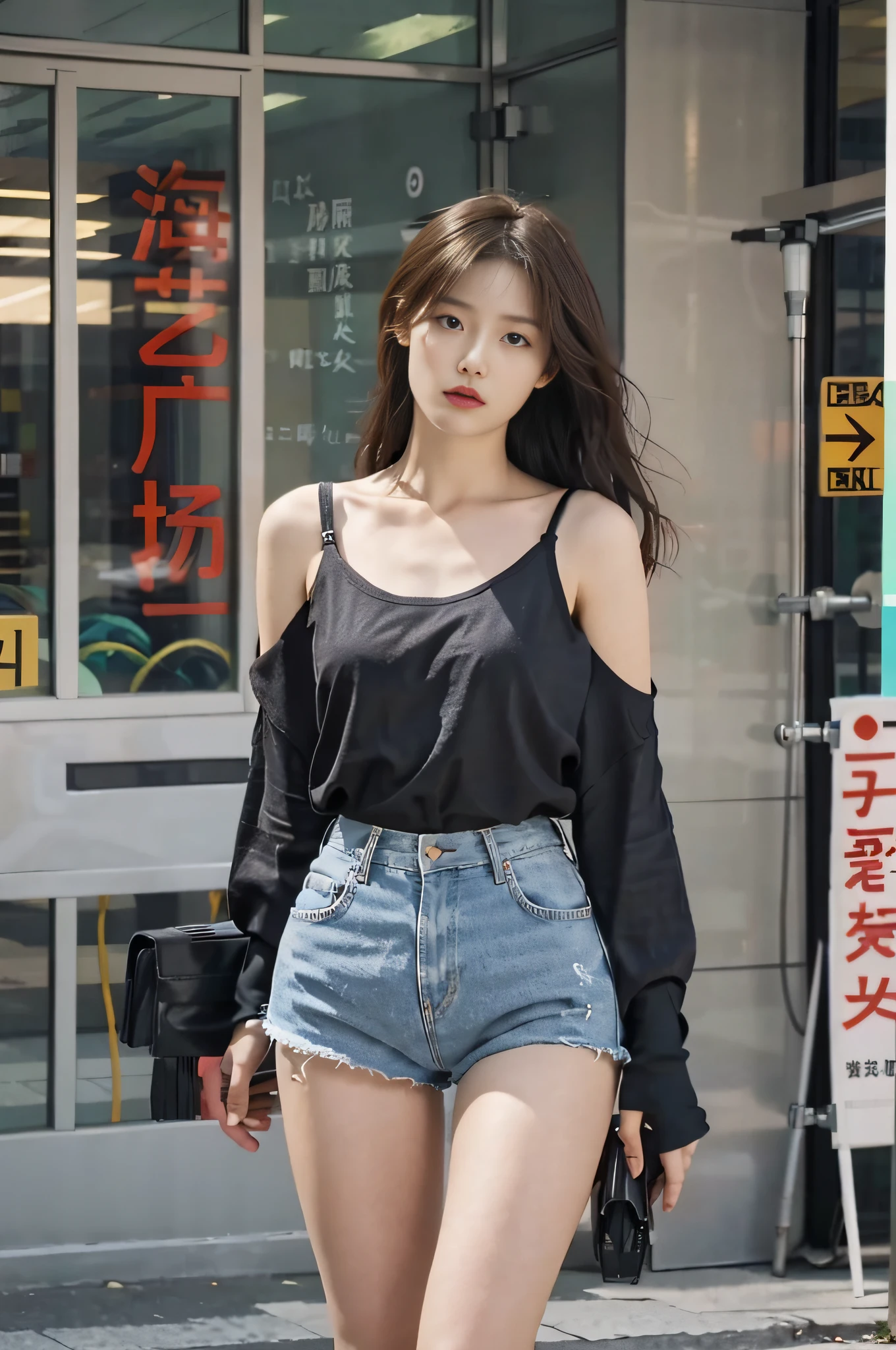 1 girl, Full body photo,,Jeans,Suspender T-shirt,Wearing sneakers, cropped shoulders,open waist,The facial features are delicate and three-dimensional, The expression is natural and real, cheerfulness,Detailed details,Real and natural,Walk next to the camera,Accidentally see your footage , wearing denim short shorts, photo of slim girl model, Straight dark brown hair ,floated hair,Large breasts, Walk in the square stylishly and naturally, The background is a spacious square in a fashion shopping mall,The ground is smooth,Advancedsense,High-rise building in background,Korean female model, Casual style, In fashion style, Trendy clothes, Solo, Detailed background, Square fashion clothing, Square fashion clothing, Sexy girl in shorts, Square fashion clothing,, very beautiful slim legs, Photorealistic, Street photography, Masterpiece, Realistic, Realistic, Photorealistic, High contrast, artstation 8k, High-definition realistic digital art trends, Detailed, Skin texture, Super detailed, Realistic skin texture, armature, Best quality, 超高分辨率, (Photorealistic :1.4), 超高分辨率, Detailed, primitive, Sharp Re, Port Kodak 400, Camera f1.6 shots, Rich colors, Ultra-realistic, Realistic textures, Dramatic lighting, illusory engine, Popular on the ArtStation Cinestill 800