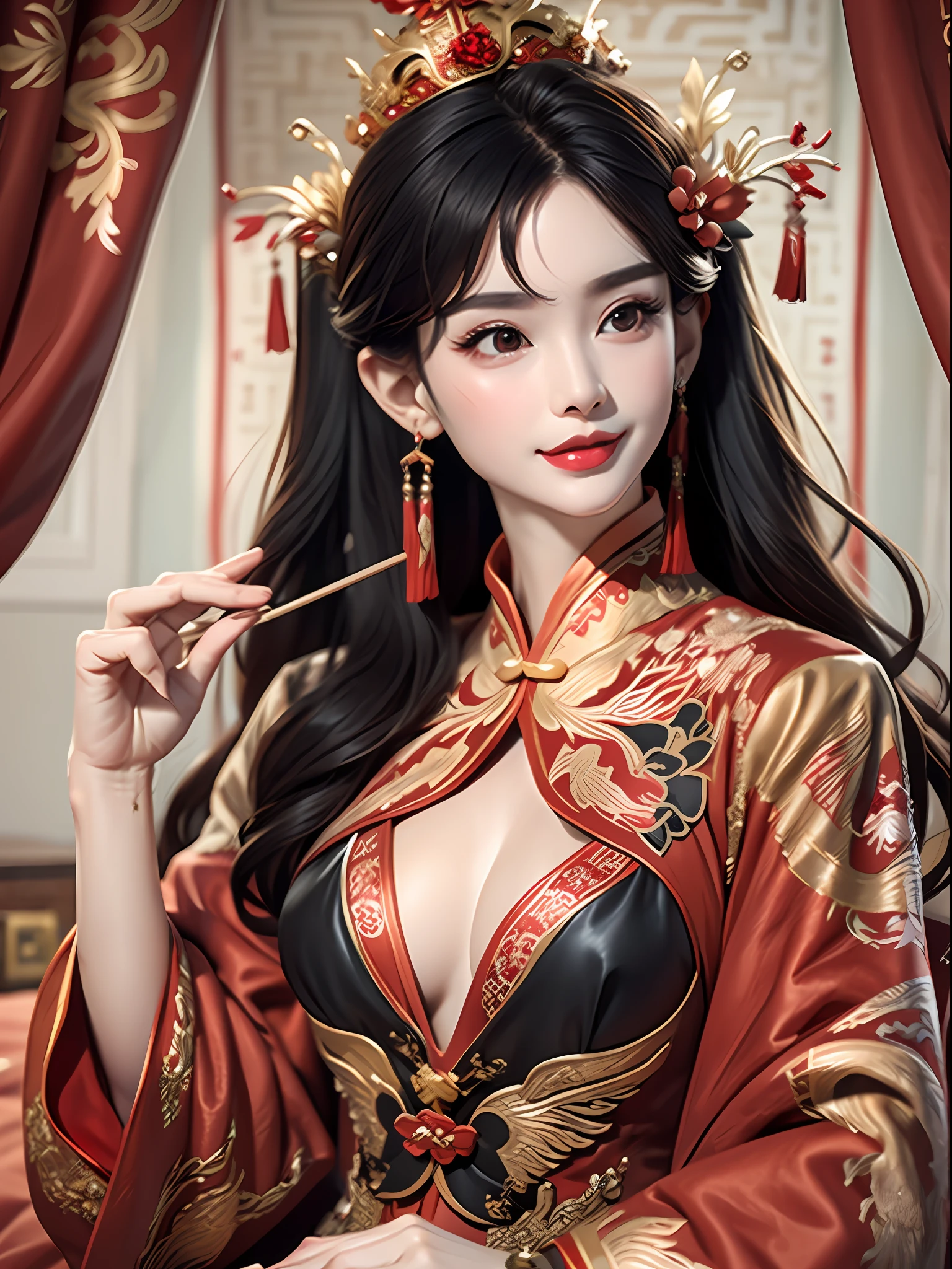 Best quality: 1.1), (Realistic: 1.1), (Photography: 1.1), (highly details: 1.1), A man wears a red and gold dress,Woman with a crown on her head, A hair stick, (sitting on red bed), Blushing, Shy, black_Hair, crown, Looking down, (2 red candles), Chinese_clothes, Curtains, Earrings, Hair_decorations, Hanfu, interiors, jewelry, Long_Sleeves, Red dress, Redlip, nipple tassels, (Red quilt), (red palace: 1.2), (3DMM),mix4,