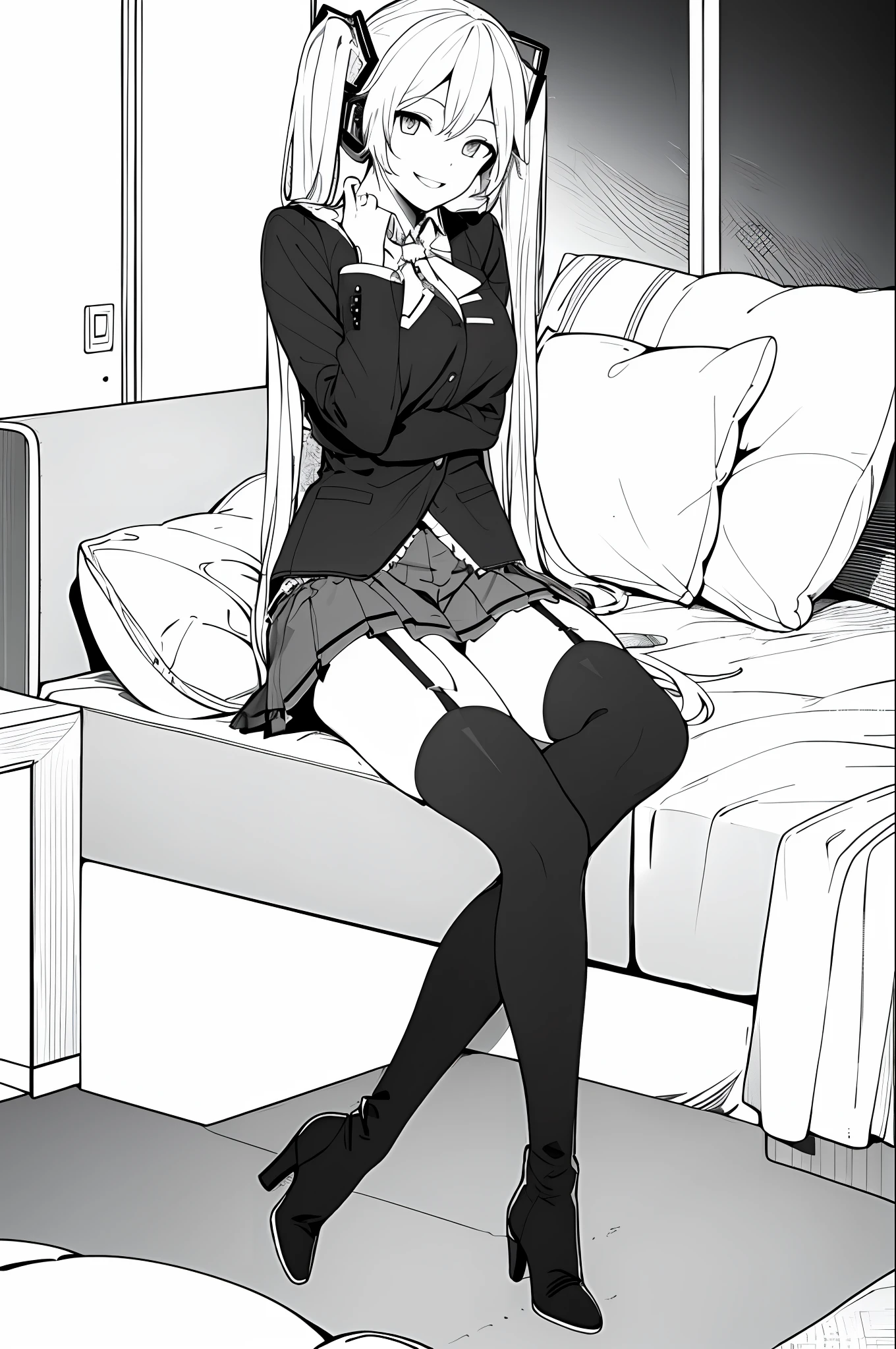 masterpiece, best quality, hatsune miku, pillow, garter straps, hatsune miku, 1girl, cushion, long hair, thighhighs, frilled pillow, skirt, solo, couch, boots, smile, heart pillow, looking at viewer, breasts, twintails, jacket, bed, high heels, sweet devil \(vocaloid\), parted lips, monochrome, lineart,