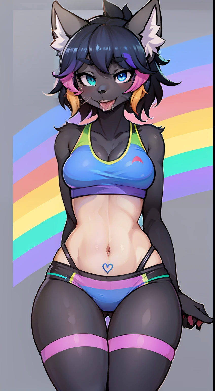 "Vibrant rainbow Fursona with a sport bra and panty, wearing thigh highs, ahegao expression, blushing cheeks, eyes rolled, and saliva effects."