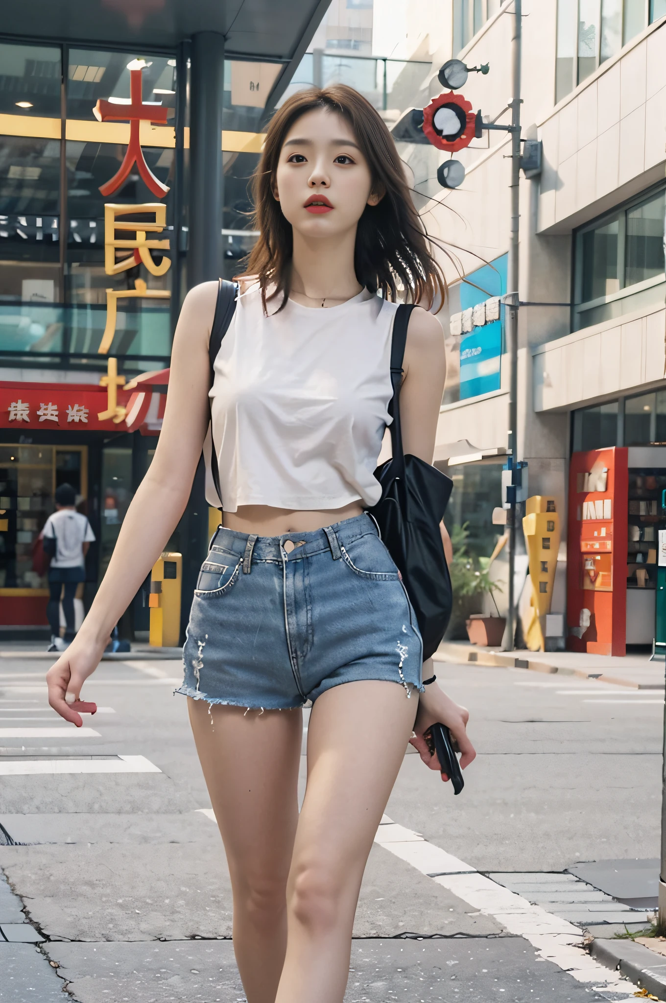 1 girl, Full body photo,，Jeans，Suspender T-shirt，Wearing sneakers, cropped shoulders，The facial features are delicate and three-dimensional, The expression is natural and real, cheerfulness，Detailed details，Real and natural，Walk next to the camera，Accidentally see your footage ， wearing denim short shorts, photo of slim girl model, Straight dark brown hair ,floated hair，Large breasts, Walk in style and naturally on the square, The background is a spacious square in a fashion shopping mall，The ground is smooth，Advancedsense，High-rise building in background，Korean female model, Casual style, In fashion style, Trendy clothes, Solo, Detailed background, Square fashion clothing, Square fashion clothing, Sexy girl in shorts, Square fashion clothing,, very beautiful slim legs, Photorealistic, Street photography, Masterpiece, Realistic, Realistic, Photorealistic, High contrast, artstation 8k, High-definition realistic digital art trends, Detailed, Skin texture, Super detailed, Realistic skin texture, armature, Best quality, 超高分辨率, (Photorealistic :1.4), 超高分辨率, Detailed, primitive, Sharp Re, Port Kodak 400, Camera f1.6 shots, Rich colors, Ultra-realistic, Realistic textures, Dramatic lighting, illusory engine, Popular on the ArtStation Cinestill 800