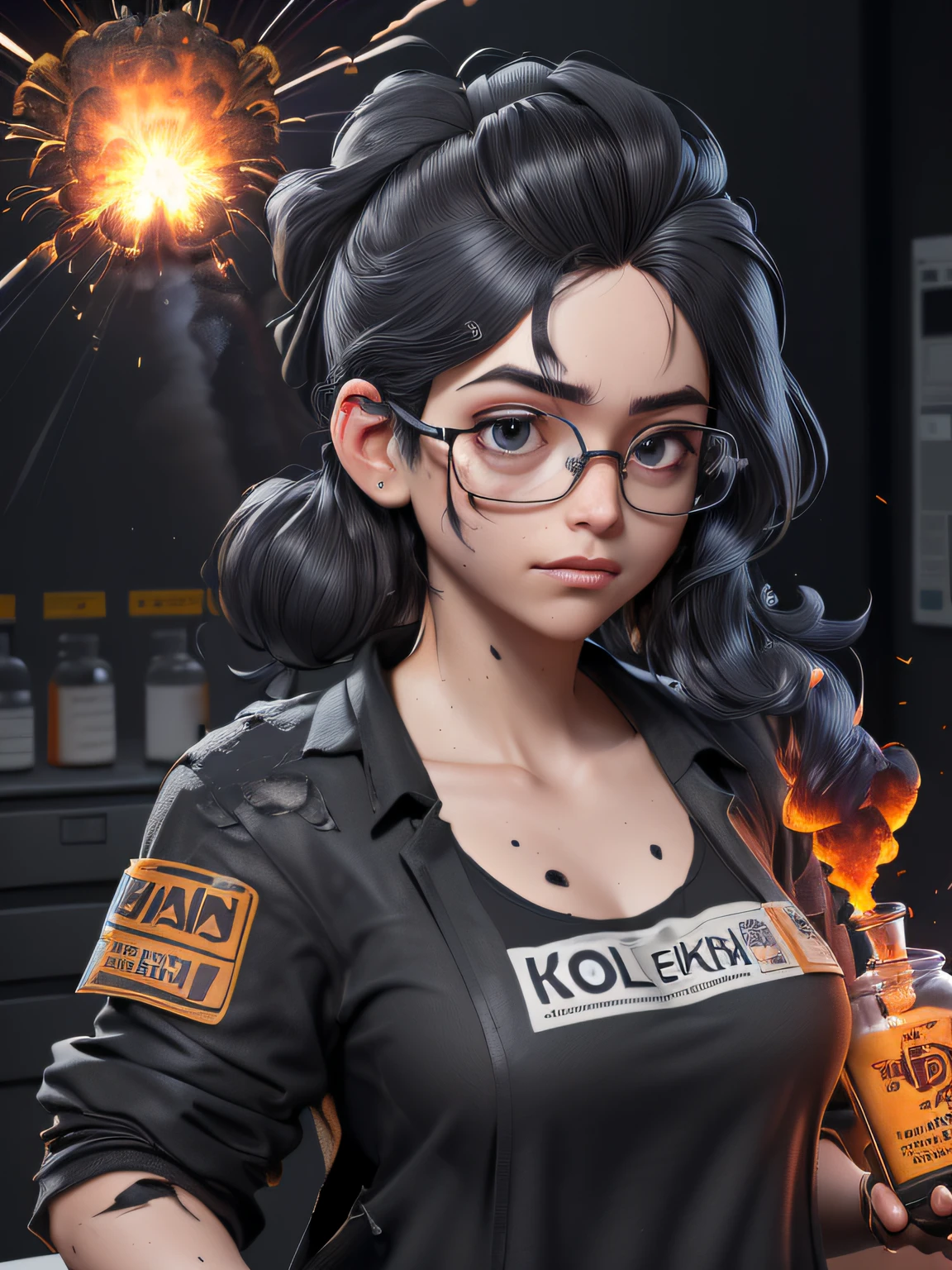 (Masterpiece: 1.5), (Best Quality: 1.5), High Definition, High Detail, 3DMM, One Woman, Solo, ((Cracked Glasses))((black soot )) (exploded hair,beard , ((exploding clothes,torn clothes,ripped cloths)) (( lab gown Top Ash Bangs)), ((A bitcoin Shocks the Woman )) In the lab she carries me to (((an KOLS cryptocurrency))), it explodes, hair standing with ash on it , cute, glowing $KOLS, (("$KOLS Network" ashes explosion on the face)), ((indoor,"KOLS Network"lab,"KOLS Network" board in back,black smoke,smoke,fire,beaker,flask,science equipment,explosion,fire)),