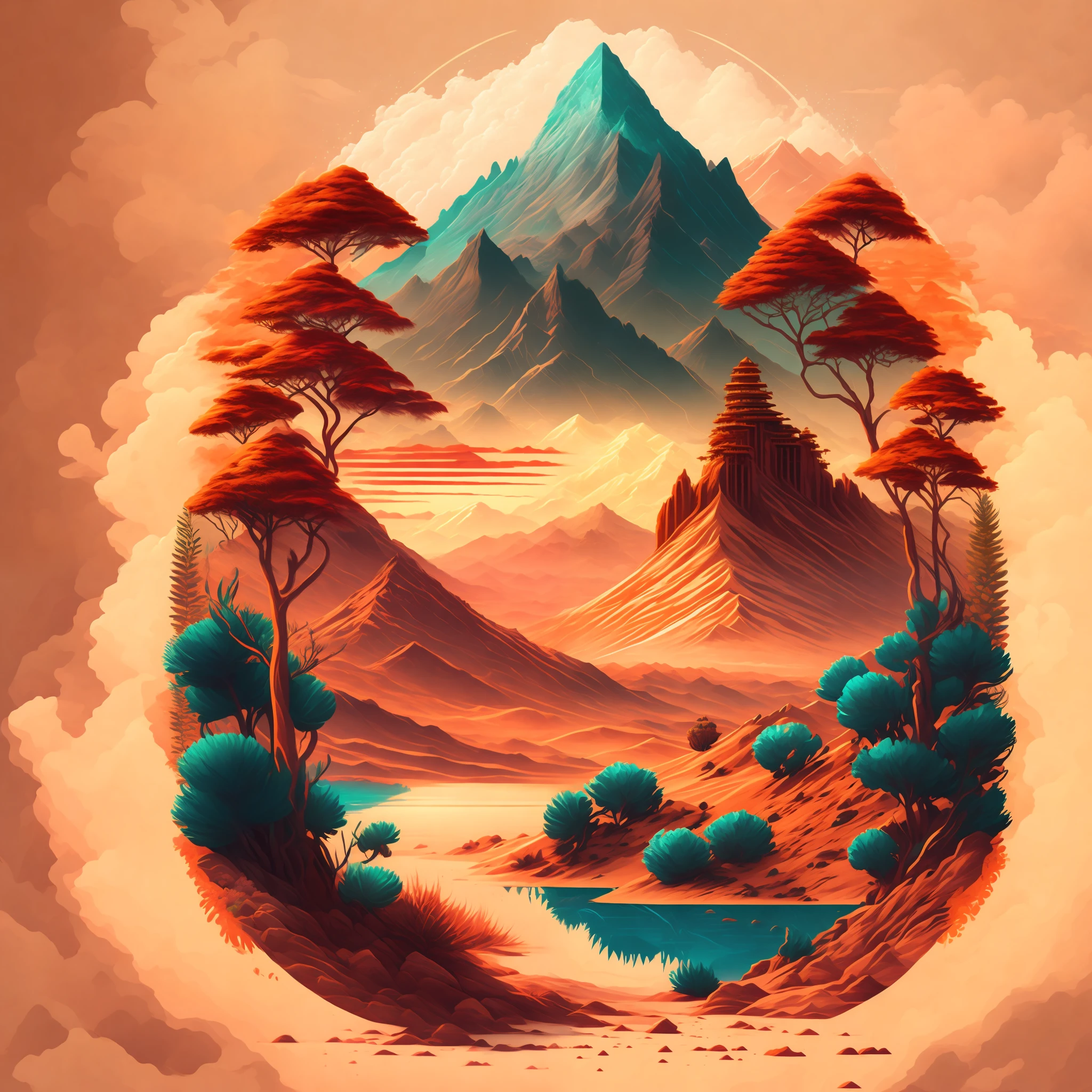 uma floresta em uma paisagem de deserto montanhas e flores, design de camiseta, midjourney, arte vetorial, hydro74