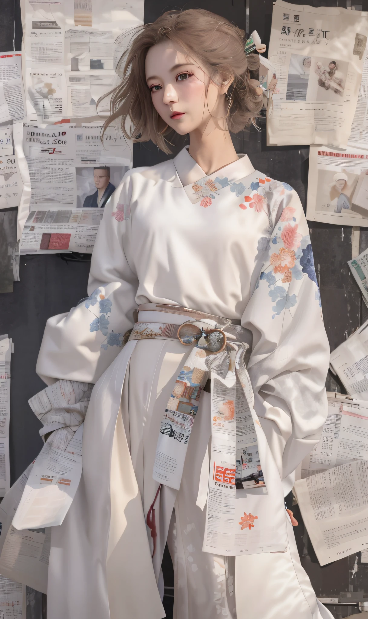 A woman stands in front of a wall covered with newspapers, pale and coloured kimono, White Hanfu, Hanfu, intricate hakama, voluminous sleeves, sakimichan, author：Emma Andievska, white trendy clothes, Japanese clothes, hakama kimono, retro aesthetic, inspired by Louis Le Nain, flowing sakura silk, Very aesthetic!!!!!!