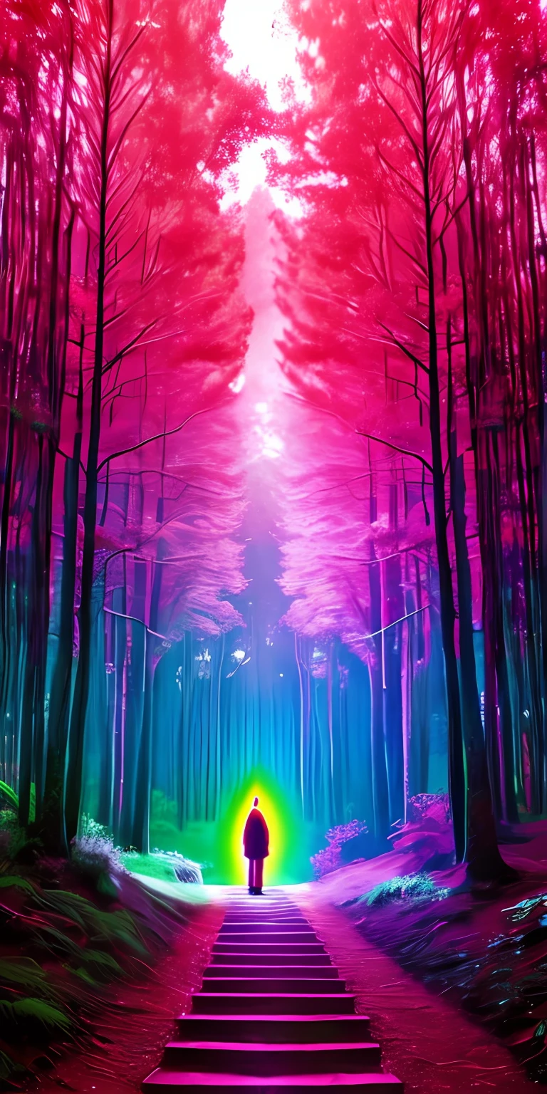 PsyAI, camera aimed at neon cats, visionary art, fundo de floresta