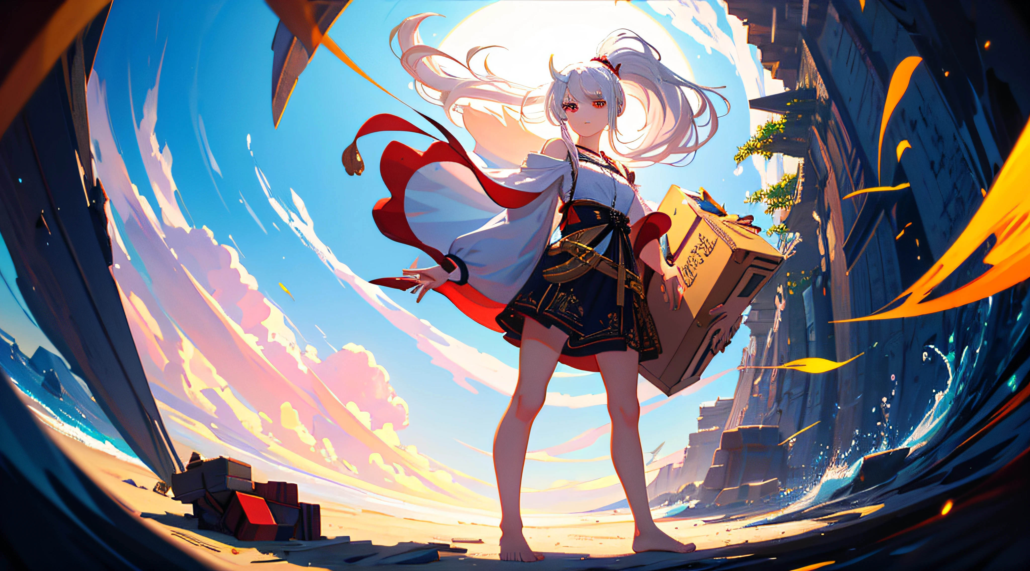 ((masterpiece))),(((best quality))),(((extremely detailed))),illustration, 1girl,solo,mysterious,vivid color,shiny, (white hair),(red eyes), full body,barefoot,ponytail hair, beach, badass, serious face, casual outfit, (((Box composition))), detailed eyes, hyper detailed, highly detailed, beautiful, small details, ultra detailed, best quality, intricate, 4k, 8k, good anatomy, best anatomy, beautiful lighting, fisheye perspective, hiding hands