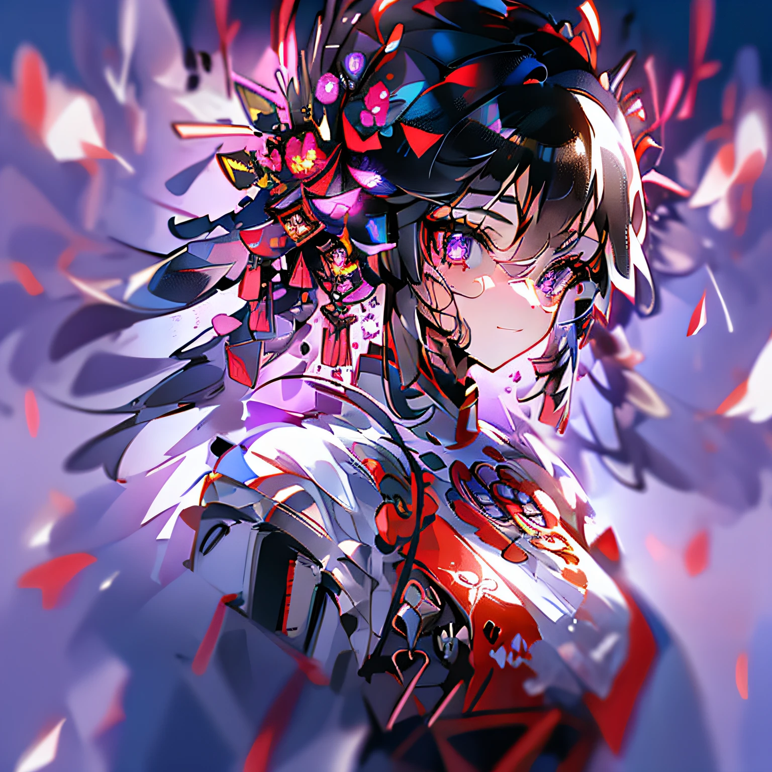 1 girl, Chinese_clothes, liquid black titanium and red, cyberhan, cheongsam, cyberpunk city, dynamic pose, detailed luminous headphones, luminous hair accessories, long hair, luminous earrings, luminous necklace, cyberpunk, high-tech city, full of mechanical and futuristic elements, futuristic, technology, glowing neon, red, red light, transparent black tulle, black ribbon, laser, digital background urban sky, big moon, with vehicles, best quality, masterpiece, 8K, character edge light, Super high detail, high quality, the most beautiful woman in human beings, micro smile, face facing front left and right symmetry, ear decoration, beautiful pupils, light effects, visual data, dark black hair, super detailed face texture, bright leather red gloves, elevation shooting, surreal light and shadow, complex brush strokes, complex lines, background night. 1 girl ,pink hair,best quality,masterpiece,extremley,purple eyes,female focus,beautiful eyes, yae miko