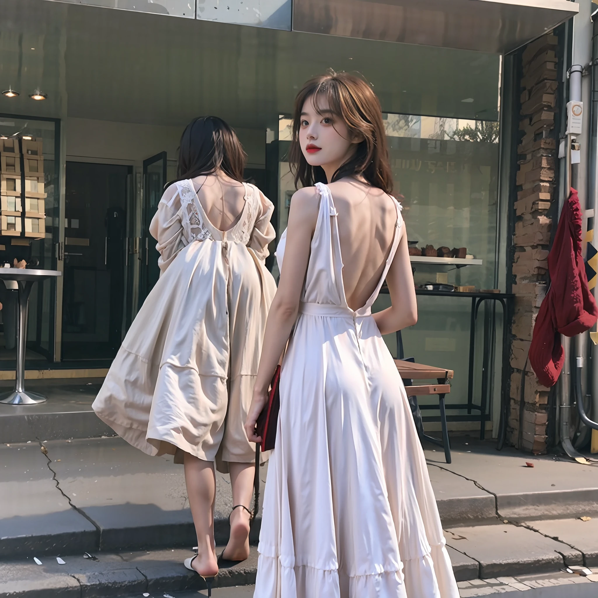 Best quality at best,tmasterpiece,Back Shadow,8old girl,golden hair,white dresses,Dirty streets