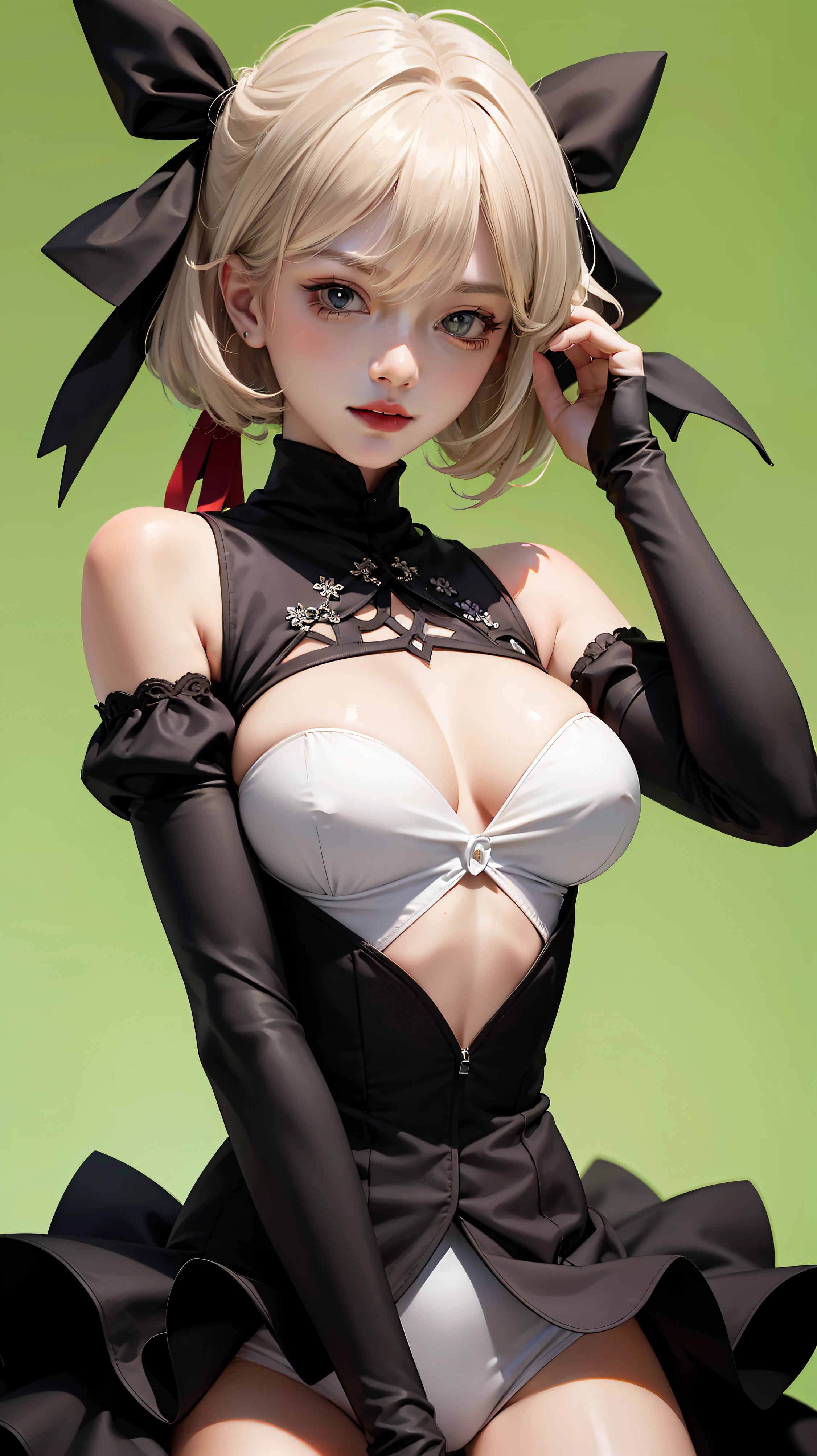 Yoha No. 2 Type B，1girl，wlop，Chest atrium，Thoracic sulcus，Thoracic groove hollowed，clothing cutout，Green background，Hair between both eyes，shairband，A high resolution，Juliet sleeves，longer sleeves，nier（series），nier automata，Fluffy sleeves，Redlip，shaded face，short detailed hair，独奏，high-necksweater，The upper part of the body，whaite hair，Skysky