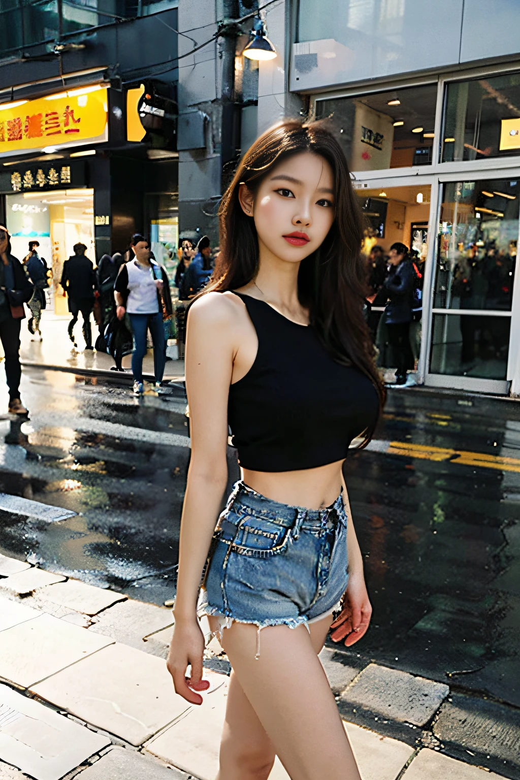 1 girl, Full body photo,,Jeans,Suspender T-shirt,Wearing sneakers, cropped shoulders,The facial features are delicate and three-dimensional, The expression is natural and real, cheerfulness,Detailed details,Real and natural,Walk next to the camera,Accidentally see your footage , wearing denim short shorts, photo of slim girl model, Straight dark brown hair ,floated hair,Large breasts, Walk in style and naturally on the square, The background is a spacious square in a fashion shopping mall,The ground is smooth,Advancedsense,High-rise building in background,Korean female model, Casual style, In fashion style, Trendy clothes, Solo, Detailed background, Square fashion clothing, Square fashion clothing, Sexy girl in shorts, Square fashion clothing,, very beautiful slim legs, Photorealistic, Street photography, Masterpiece, Realistic, Realistic, Photorealistic, High contrast, artstation 8k, High-definition realistic digital art trends, Detailed, Skin texture, Super detailed, Realistic skin texture, armature, Best quality, 超高分辨率, (Photorealistic :1.4), 超高分辨率, Detailed, primitive, Sharp Re, Port Kodak 400, Camera f1.6 shots, Rich colors, Ultra-realistic, Realistic textures, Dramatic lighting, illusory engine, Popular on the ArtStation Cinestill 800