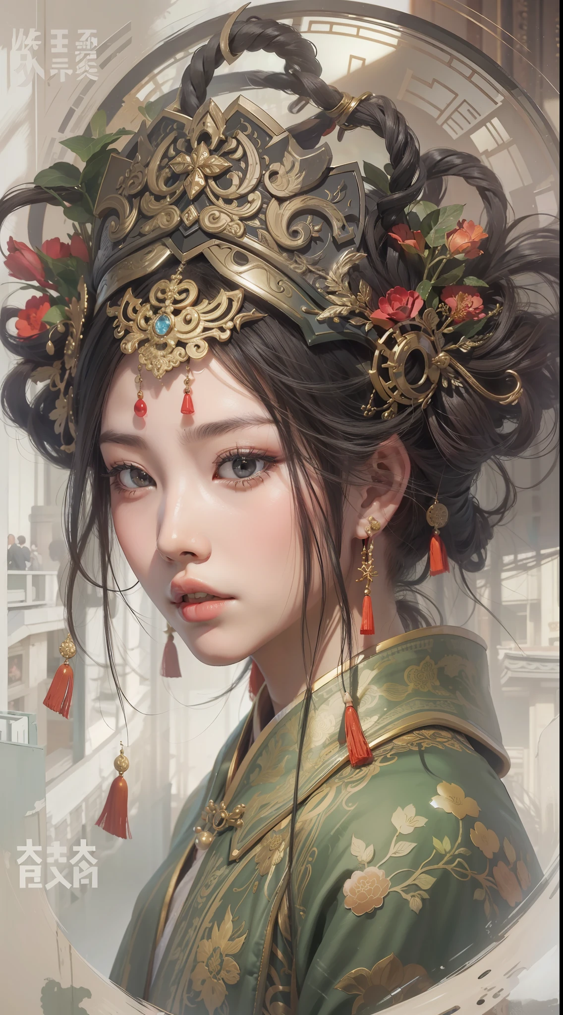 best qualtiy，tmasterpiece，超高分辨率，（realisticlying：1.4），xiuxian，arma，Detal Face， 1girll，独奏，arma，，（Magical Circle：1.2），xiuxian，The upper part of the body，a beauty girl，east asian architecture，Jacket，buliding，