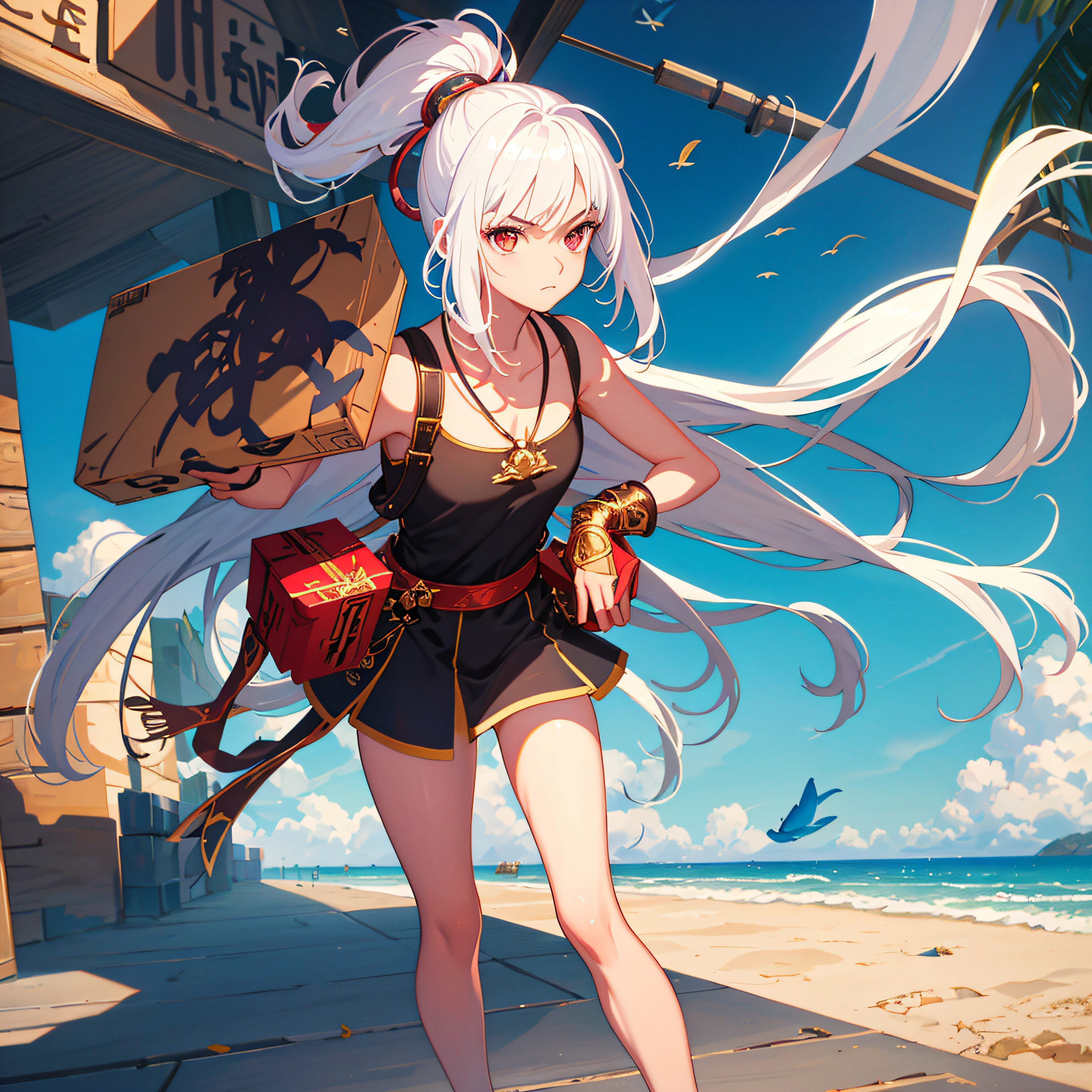 ((masterpiece))),(((best quality))),(((extremely detailed))),illustration, 1girl,solo,mysterious,vivid color,shiny, (white hair),(red eyes), full body,barefoot,ponytail hair, beach, badass, serious face, casual outfit, (((Box composition))), detailed eyes, hyper detailed, highly detailed, beautiful, small details, ultra detailed, best quality, intricate, 4k, 8k, good anatomy, best anatomy, beautiful lighting, fisheye perspective, hiding hands