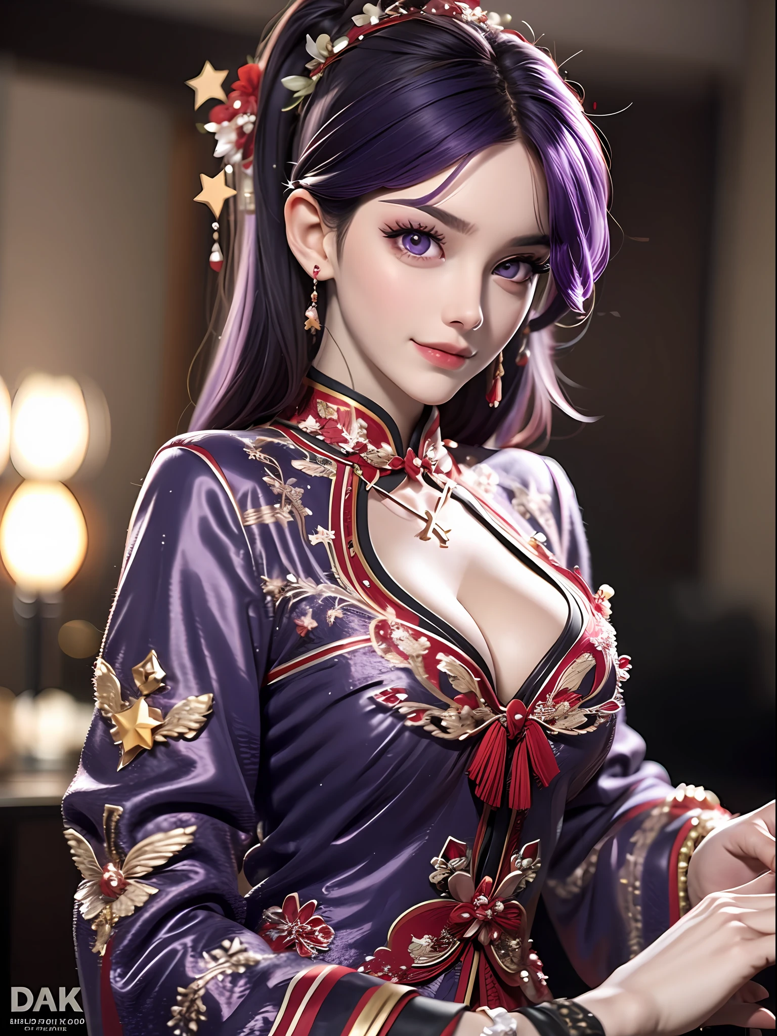 Hands Behind Her Back, Masterpiece, Best Quality, 1girl, Official, Purple Eyes, Purple Hair, Busty, Cowboy Shot, Looking at the Audience, Dark, (Darkness), Cinematic Light, Edge Light, Delicate Eyes, (pureerosface_v1:0.5), Looking at the Audience, (Realisticity: 1.2), Tease, Broken Star Track, Cross-legged, Arrogant, Bangs Evil Face, Apocalyptic Background