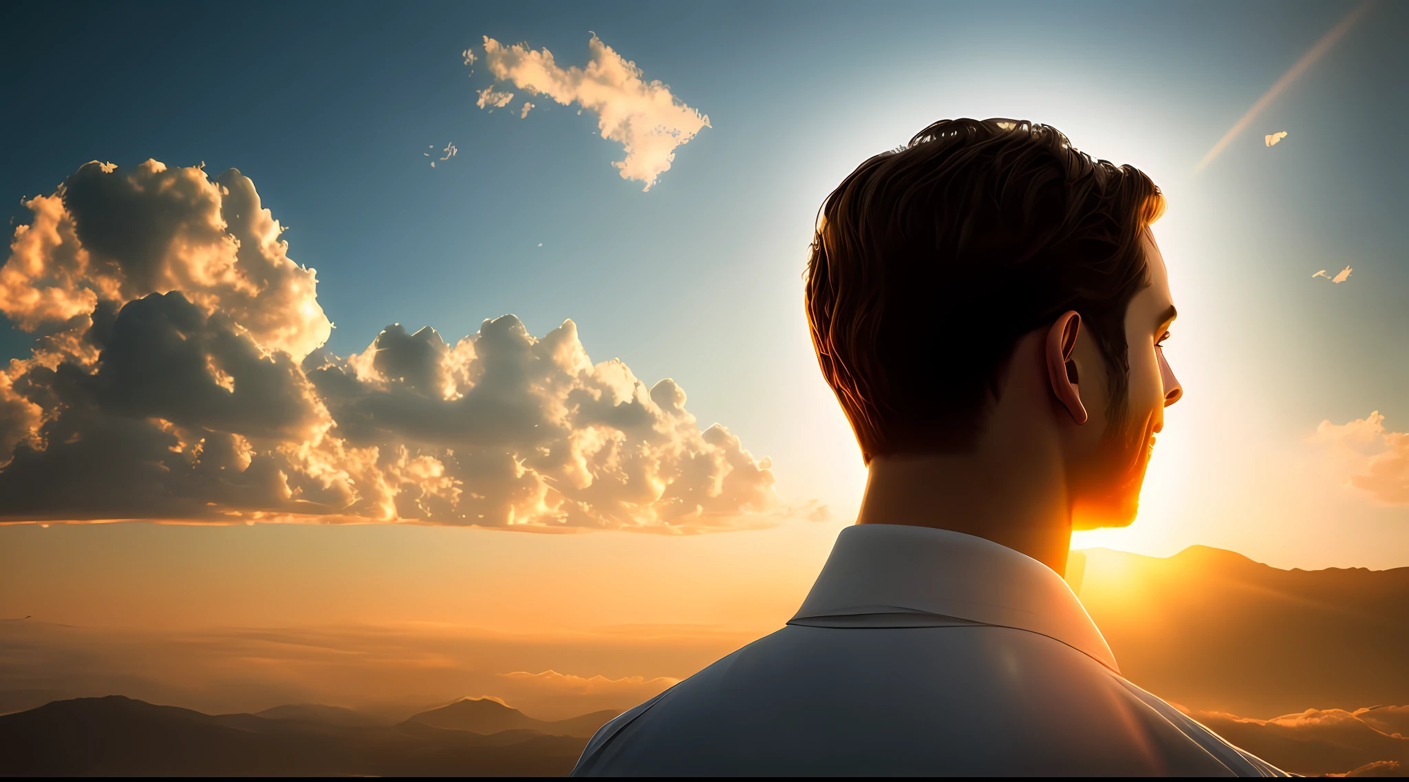 A man with a tender countenance coming into the heavens, flutuando sobre as nuvens, rosto como o sol do meio dia, illumination coming from the back of the head as if it were a halo, A tunic with golden details, olhos penetrantes olhando ternamente para o espectador, , sorriso leve, surrealismo, retroiluminação, cinematographic lighting, alta qualidade, detalhes elevados, melhor qualidade