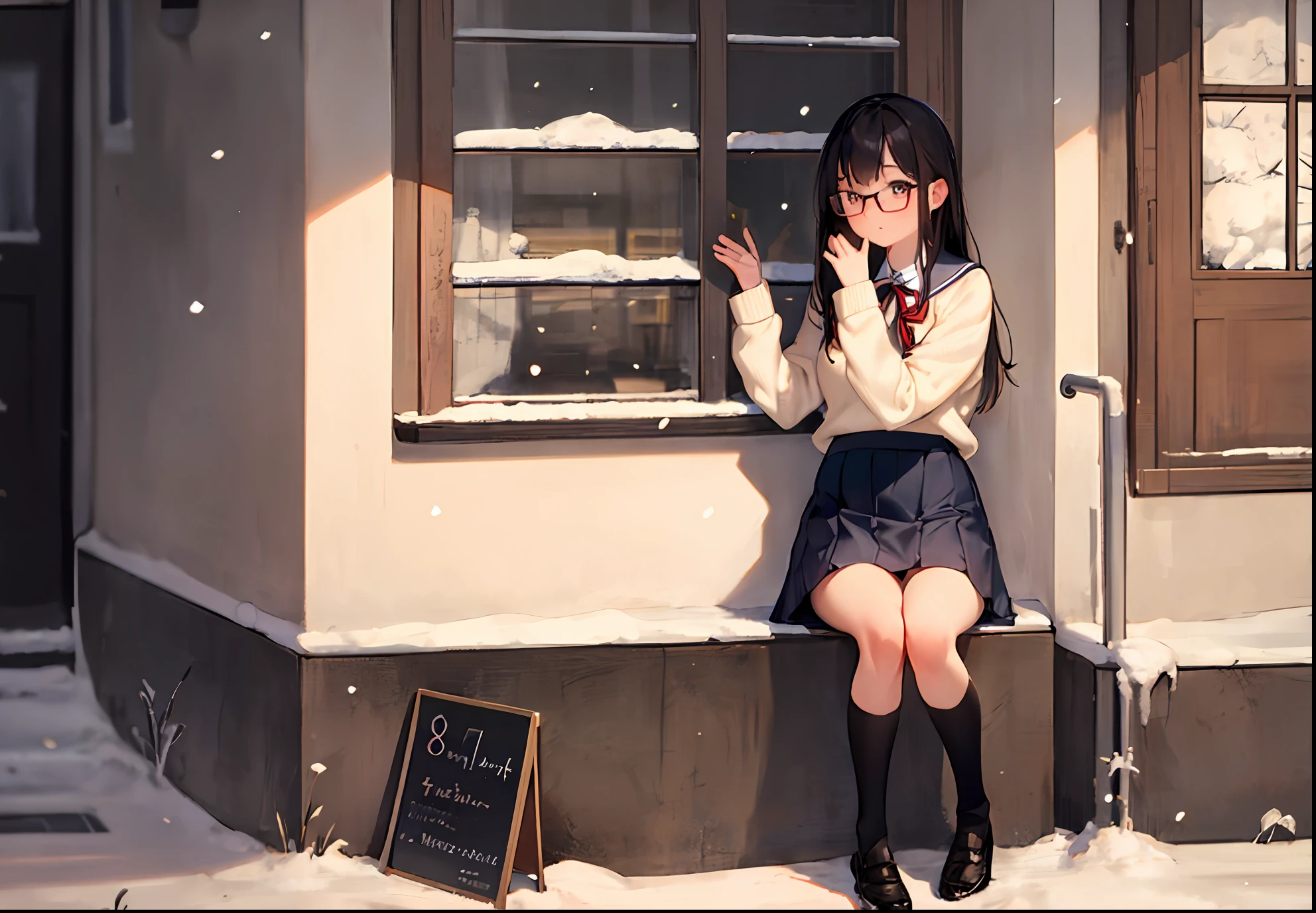 realistic, 1girl, white slightly oversized sweater, short loose skirt, schoolgirl, Russian, full body, masterpiece, 8k, beautiful detail, posing, young, long black hair, red pupils, glasses, Brezhnevka, Soviet apartments, night, dark filter, snowy street, slight snow, side view, beautiful face, cute face, not looking on the audience