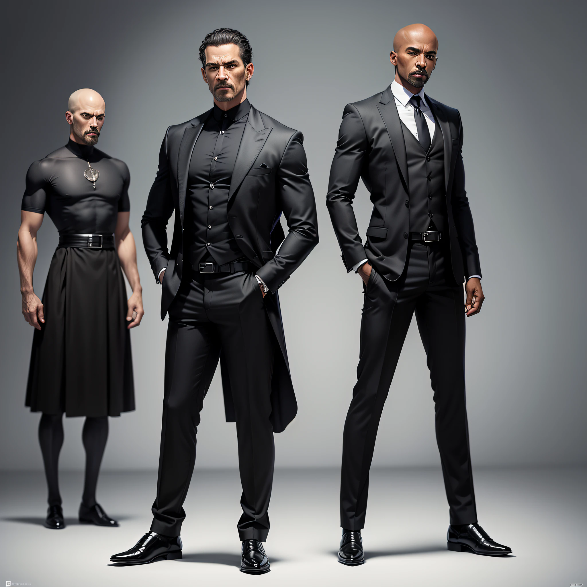 recria um homem negro,careca,de corpo inteiro,bem vestido com terno preto,belos sapatos,Realistic south image at 15k resolution --auto