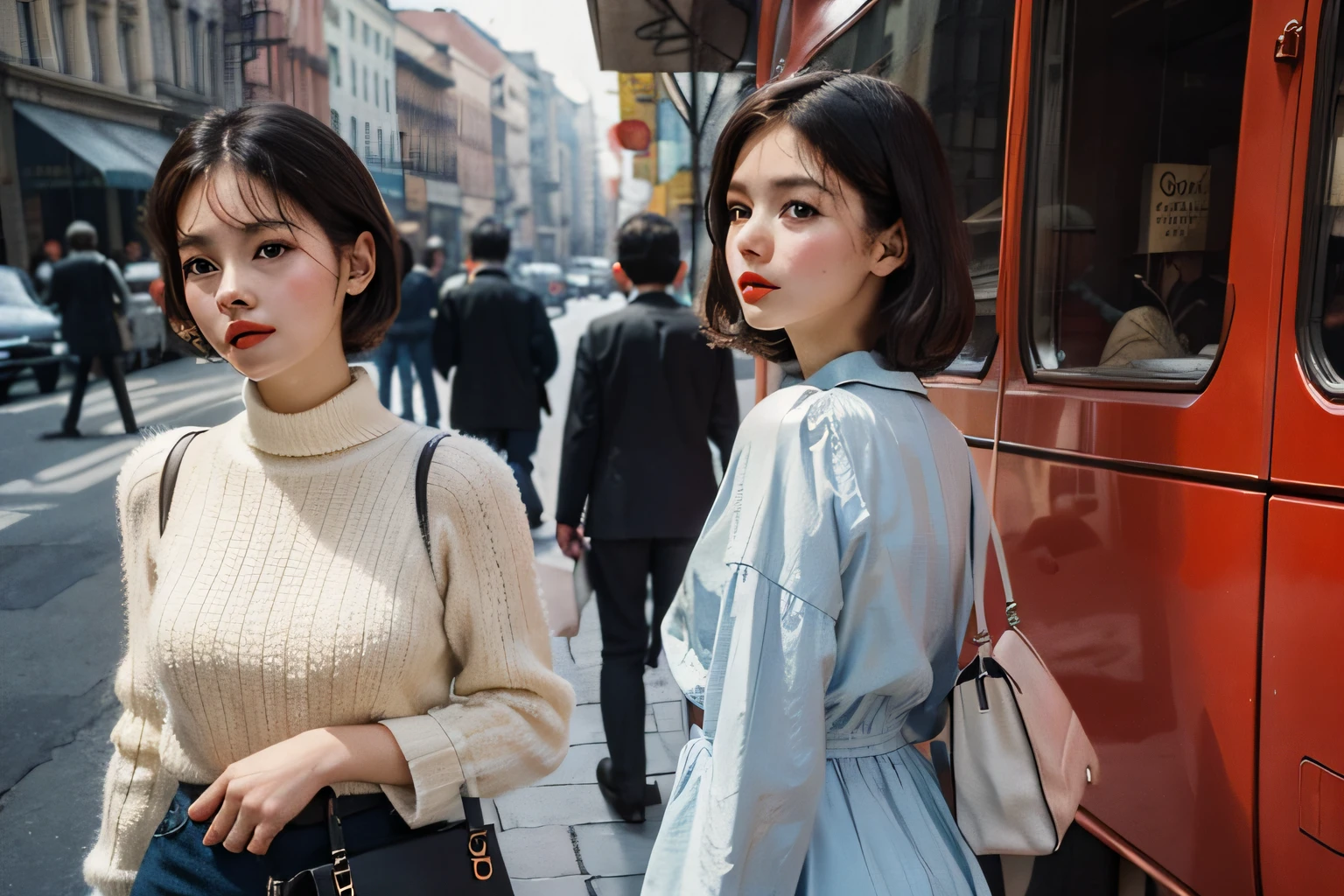 (vintage street photography, 60s era, retro fashion, candid moment, nostalgic atmosphere)