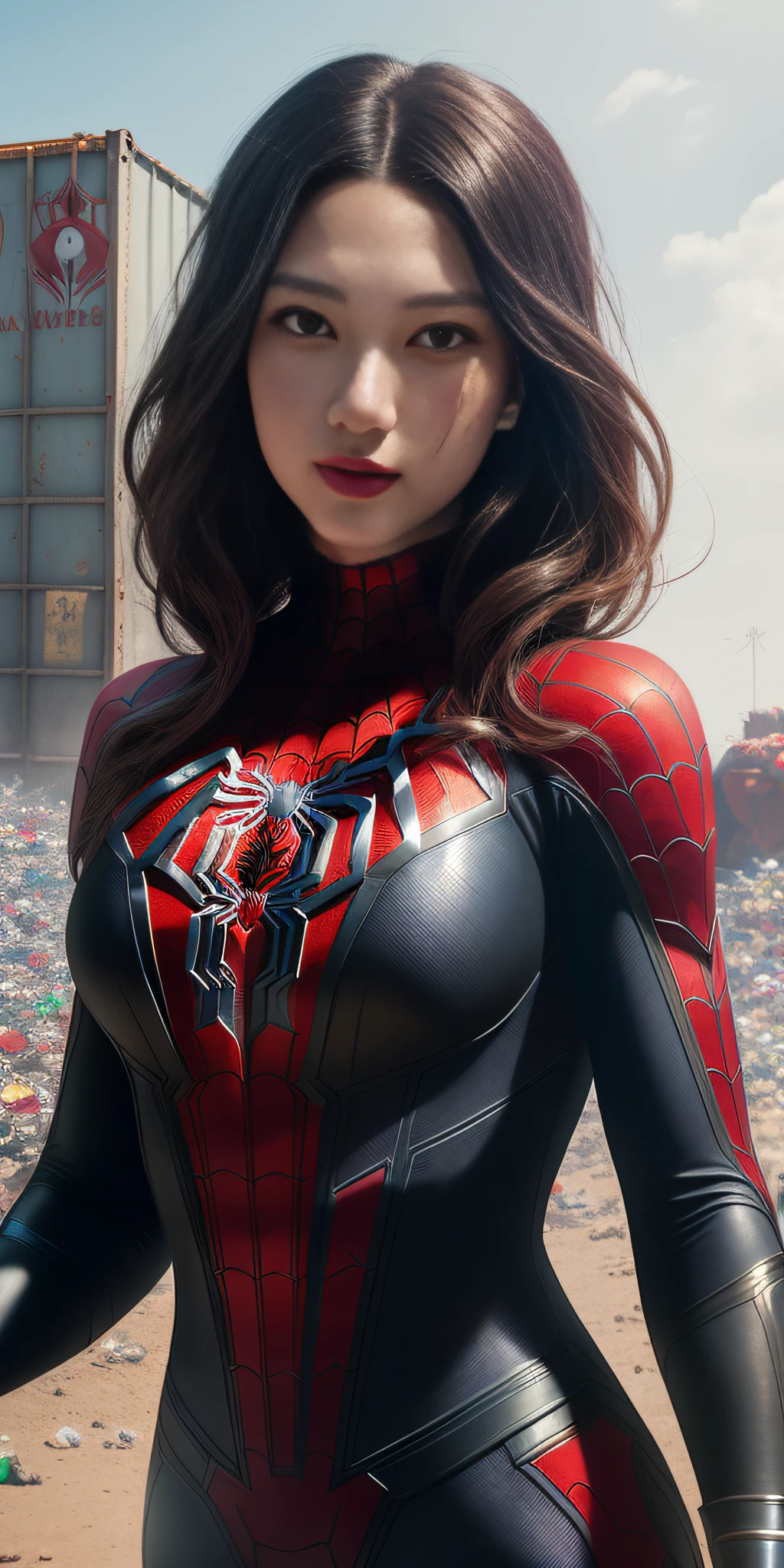 Spider - Men and women in black and red suits standing in a garbage dump, ( ( spiderwoman ) ), wojtek fus, spidewoman, medium close - up ( mcu ), spiderwoman!!!!!, spiderwoman!!, highly detailed exquisite fanart, Amazing 8K character concept art, Stunning character art, Close-up Shot Shot, super detailed render, 8k render”