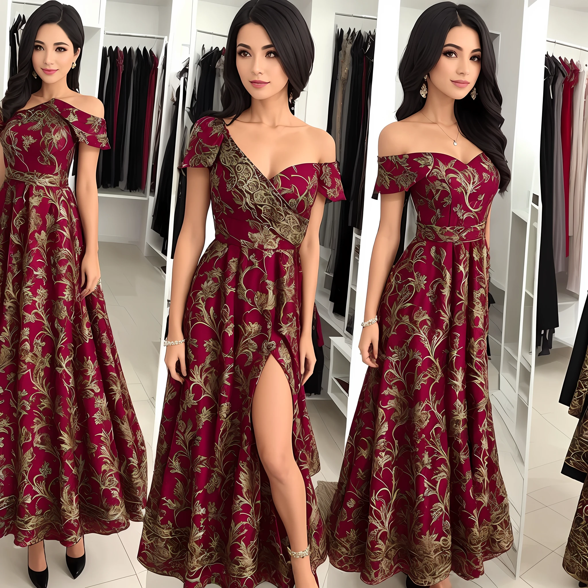 roupa, vestido preto, longo, cobrindo o umbigo, right shoulder dropped, decote, Seios a mostra