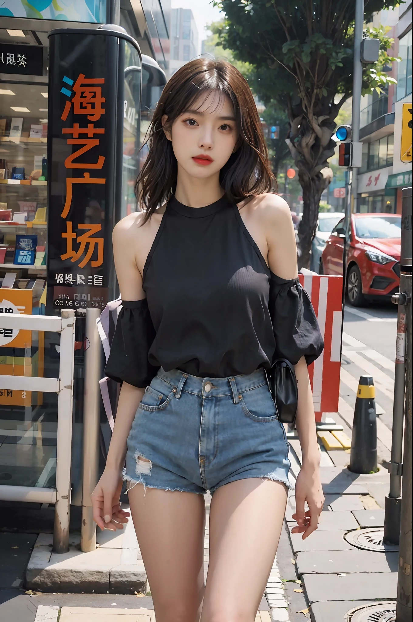 1 girl, Full body sexy photos,Jeans,Wear a tight slip T-shirt,Wearing sneakers, cropped shoulders,Expose most of the waist,Show off your perfect figure,The facial features are delicate and three-dimensional, The expression is natural and real, cheerfulness,Detailed details,Real and natural,Walk next to the camera,Accidentally see your footage , wearing denim short shorts, photo of slim girl model, Straight dark brown hair ,floated hair,Large breasts, Walk in the square stylishly and naturally, The background is a spacious square in a fashion shopping mall,The ground is smooth,Advancedsense,High-rise building in background,Korean female model, Casual style, In fashion style, Trendy clothes, Solo, Detailed background, Square fashion clothing, Square fashion clothing, Sexy girl in shorts, Square fashion clothing,, very beautiful slim legs, Photorealistic, Street photography, Masterpiece, Realistic, Realistic, Photorealistic, High contrast, artstation 8k, High-definition realistic digital art trends, Detailed, Skin texture, Super detailed, Realistic skin texture, armature, Best quality, 超高分辨率, (Photorealistic :1.4), 超高分辨率, Detailed, primitive, Sharp Re, Port Kodak 400, Camera f1.6 shots, Rich colors, Ultra-realistic, Realistic textures, Dramatic lighting, illusory engine, Popular on the ArtStation Cinestill 800