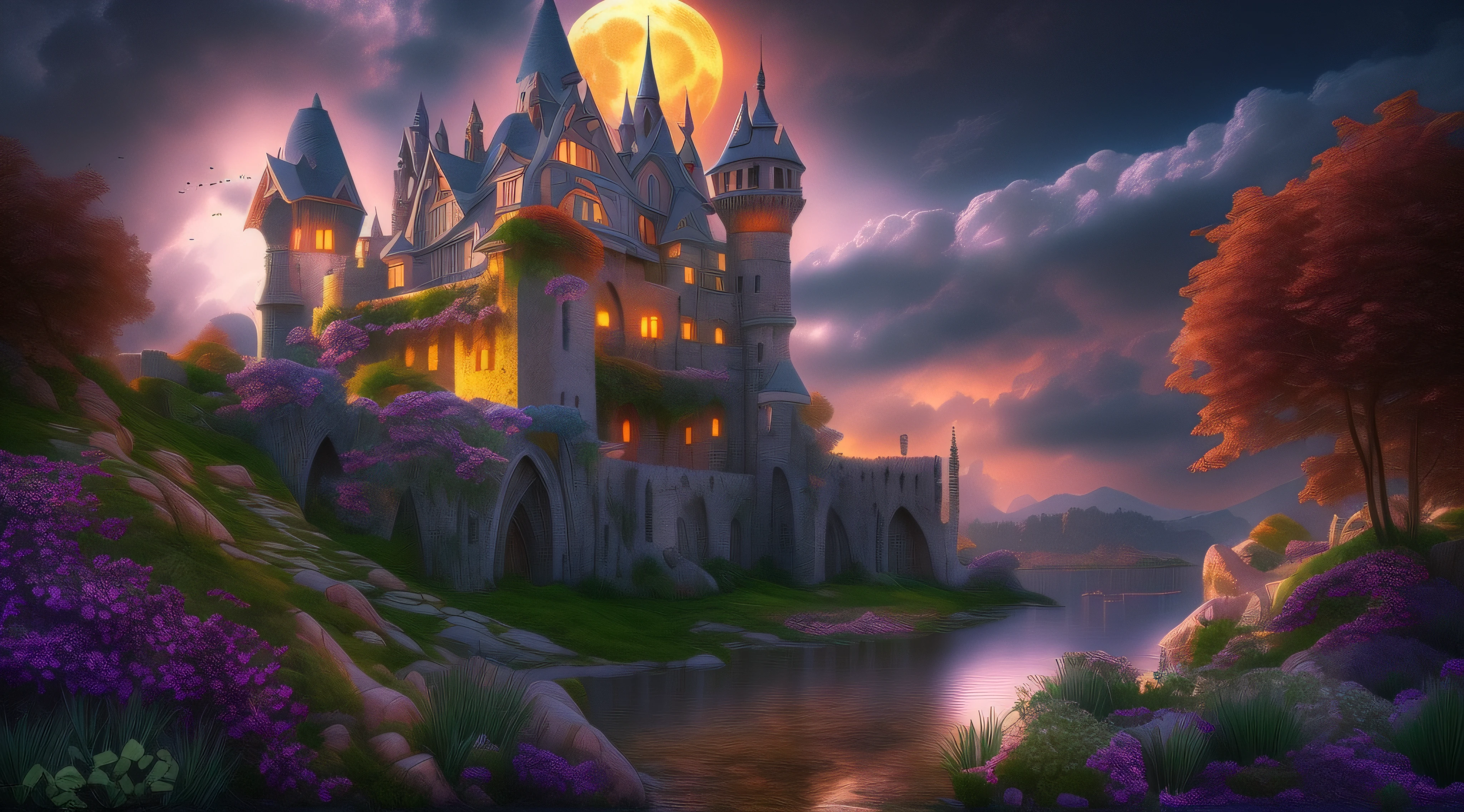 Castle. Medieval fantasy. Epic Reality, (HDR: 1.4), Dappled Sun, Cool Colors, Fantastic Incredible, Epic Composition, (Intricate Details), (Intricate Details, Hyper Details: 1.2), Dynamic ilumination, Volumetric clouds, dynamic shadows, Art Station, (Masterpiece, Best Quality), Night, moon